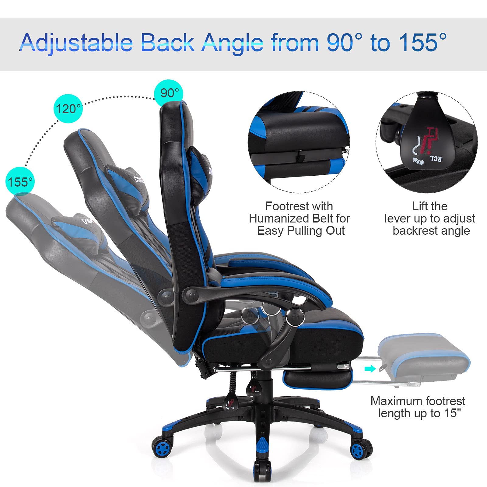 GYMAX Ergonomic Gaming Chair with Footrest - Adjustable Linkage Armrests & Lumbar Support - High Back Reclining Office Computer Chair for Adults & Teens - Perfect for Gaming, Working & Home Office (Blue)