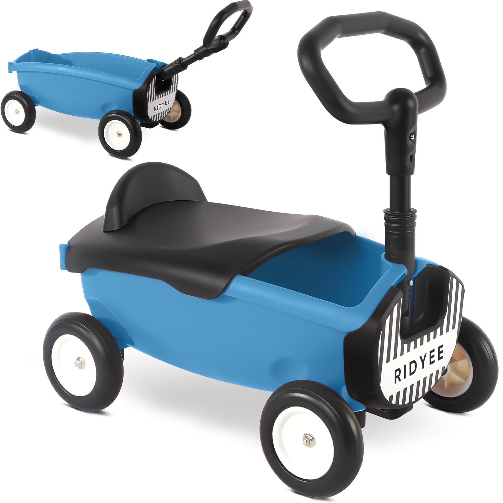 2-in-1 Toy Wagon & Push Walker for Toddlers 1-3 Years - Adjustable Handlebar, Removable Seat, 8L Large Storage Basket, Steering Limit & DIY Stickers - Blue - Perfect for Indoor Play, Outdoor Walks & Learning to Walk