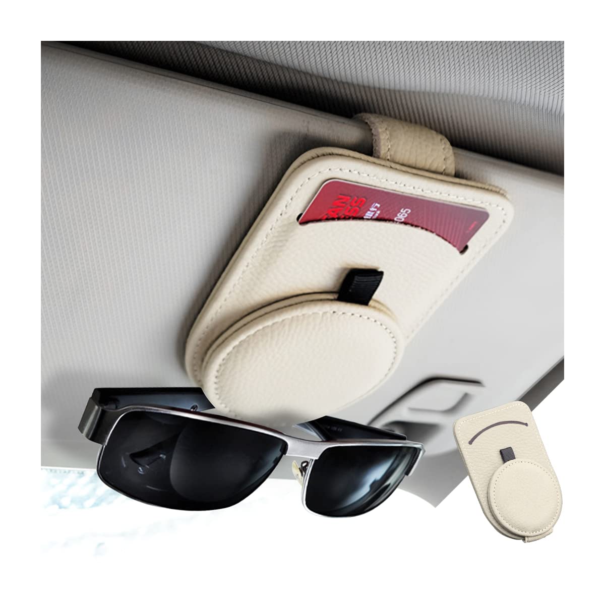 Fekey&JF Magnetic Leather Car Sunglass Holder - Strong Magnet Clip for Sun Visor, Eyeglasses Storage Mount for Cards & Accessories (Beige) | Perfect for Driving, Travel & Organizing Glasses in Vehicle