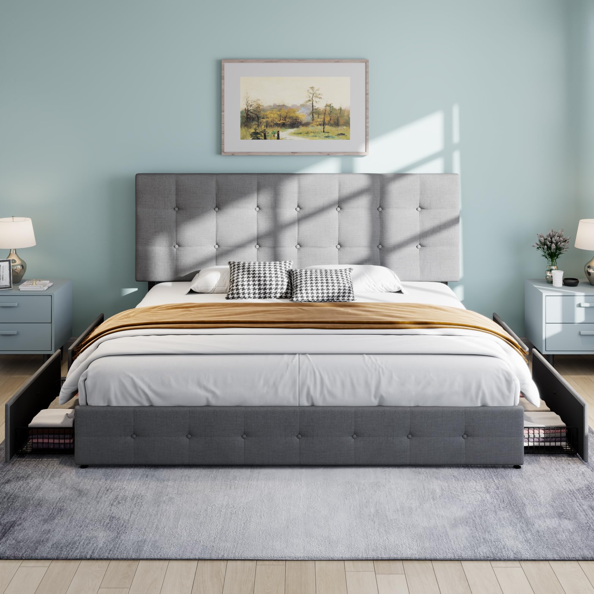 SHA CERLIN Upholstered King Size Platform Bed Frame with 4 Storage Drawers - Adjustable Headboard, Square Stitched Button Tufted Design & Wooden Slat Support - No Box Spring Needed - Light Grey - Perfect for Master Bedroom, Guest Room & Small Space Storage Solutions