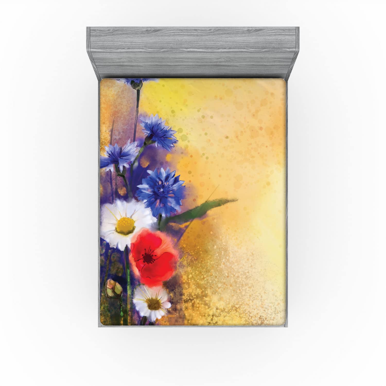 Ambesonne King Size Fitted Sheet - Blue White Poppy Flowers & Chamomile Petal Floral Design, Deep Pocket Elastic All Around, Soft Bed Cover for Comfortable Sleep | Perfect for Master Bedroom, Guest Room & Vacation Homes