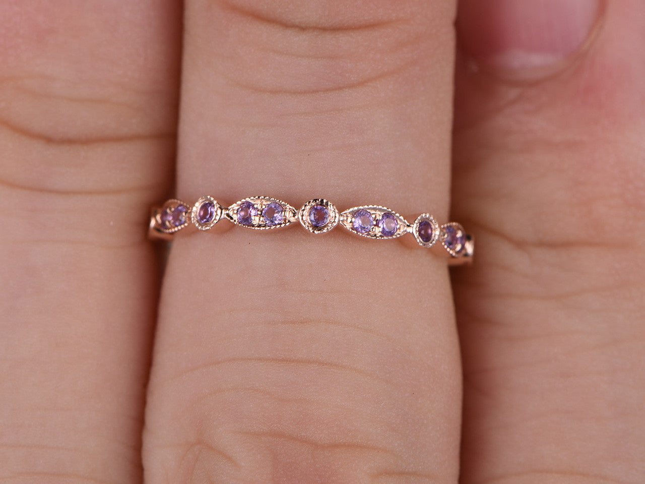 14K Rose Gold Amethyst Wedding Ring - Antique Art Deco Half Eternity Band, February Birthstone Jewelry for Women - Perfect for Anniversaries, Engagements & Special Occasions