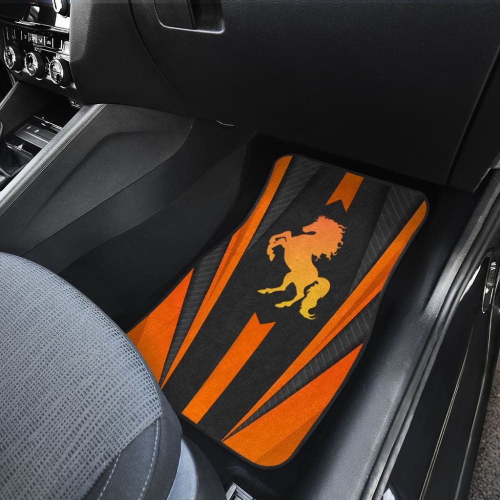 Premium Black & Orange Mustang Horse Metallic Style Printed Car Floor Mats - Durable, Non-Slip Auto Accessories for Ford Mustang & Sports Cars - Perfect Gift for Car Enthusiasts & Racing Fans