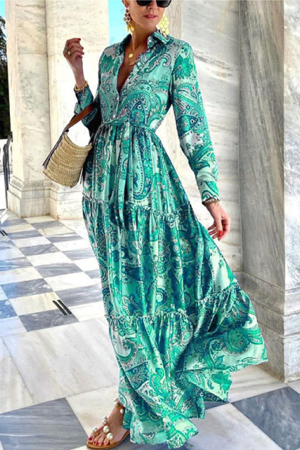 Gracefully Yours Paisley Floral Print Long Sleeve Maxi Dress for Women - Elegant Boho Chic Style for Parties, Weddings & Special Occasions