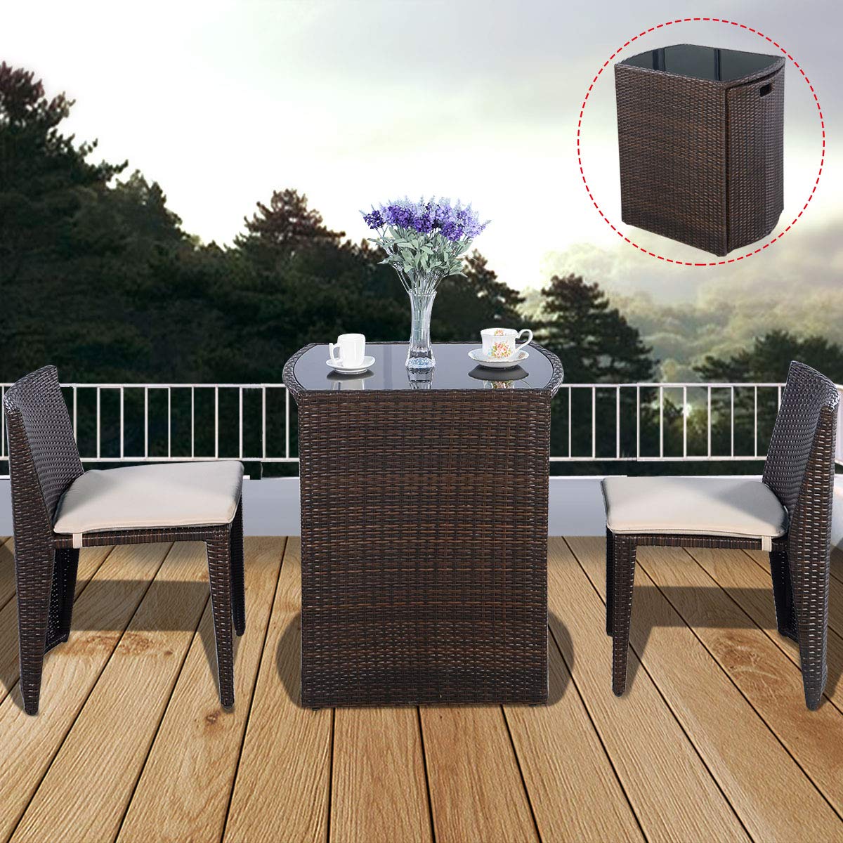 Casart 3-Piece Wicker Patio Set with Glass Top Coffee Table & 2 Chairs - Outdoor Dining Furniture for Lawn, Garden, Balcony, Poolside & Backyard Relaxation