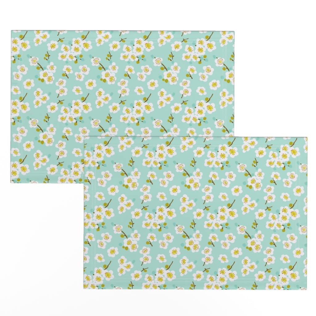 Premium Linen Cotton Canvas Placemats Set of 2 - Elegant Pear Blossom Floral Botanical Print for Dining Table Decor, Spring Home Accessories, Nature Inspired Kitchen Mats for Everyday Use & Special Occasions