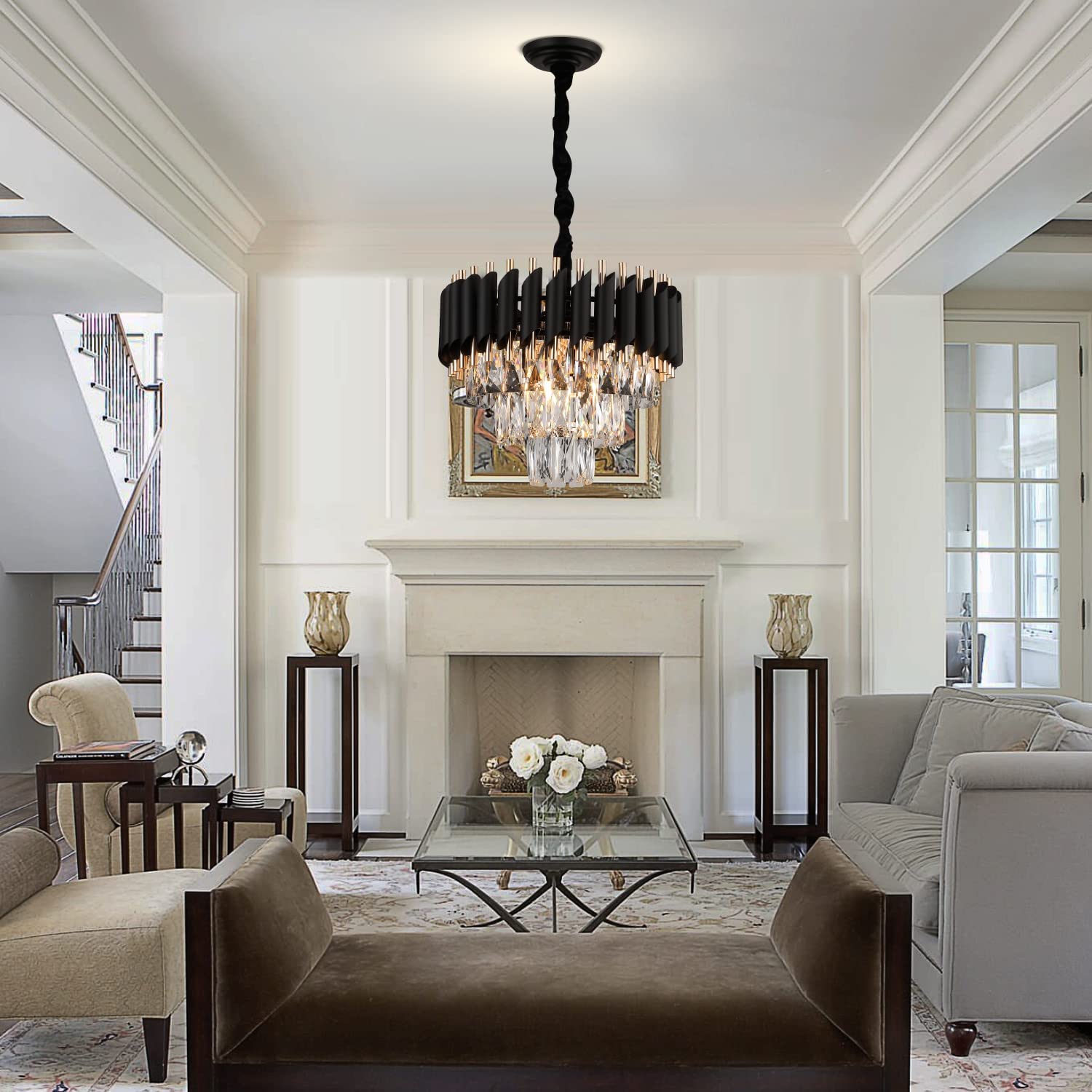 Modern Crystal Chandeliers 3-Tier Black and Gold Pendant Light Fixtures - 16