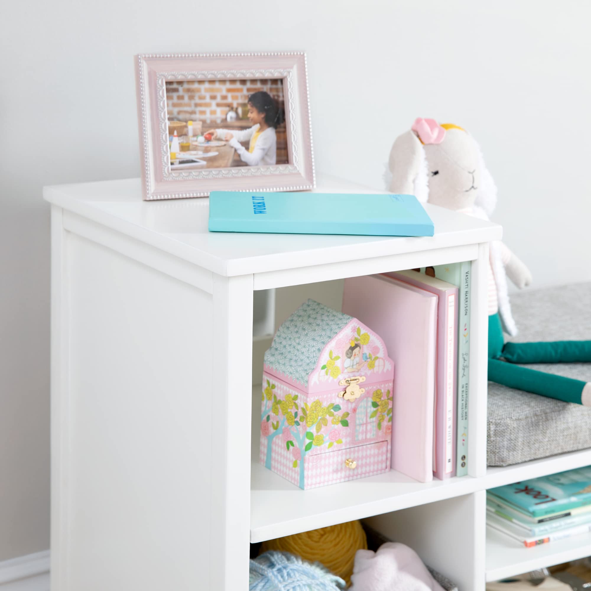 Martha Stewart Kids' Jr. Reading Nook with Storage Bins - Creamy White Wooden Bookshelf & Bench with Open Shelves for Toys, Games, Books | Perfect for Toddler Bedroom, Playroom & Nursery Organization
