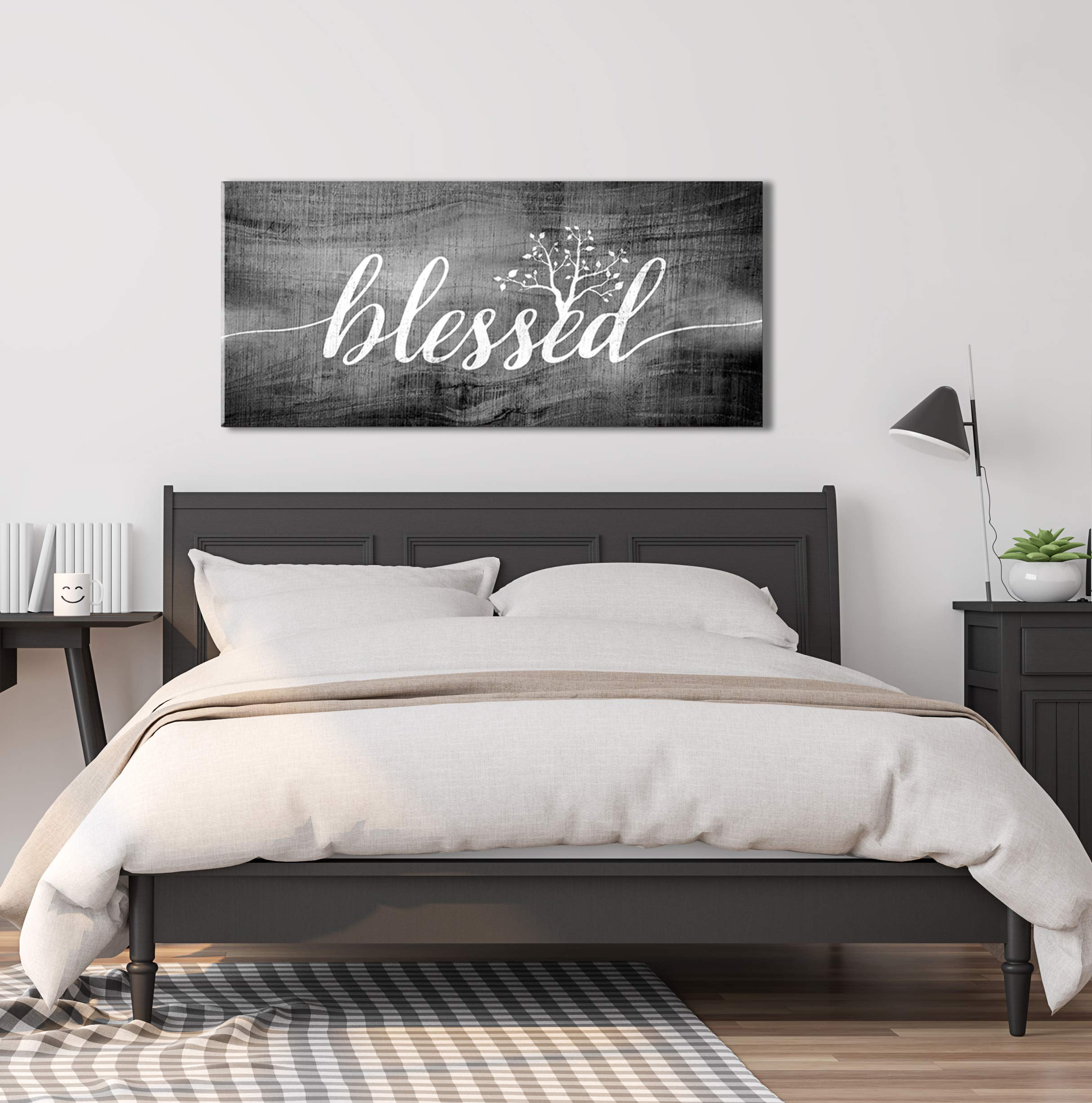 Christian Wall Art - Blessed Sign & Thankful Quotes Religious Home Decor | 60x27 Inch Grey Blessed Word Sign for Living Room, Bedroom & Church
