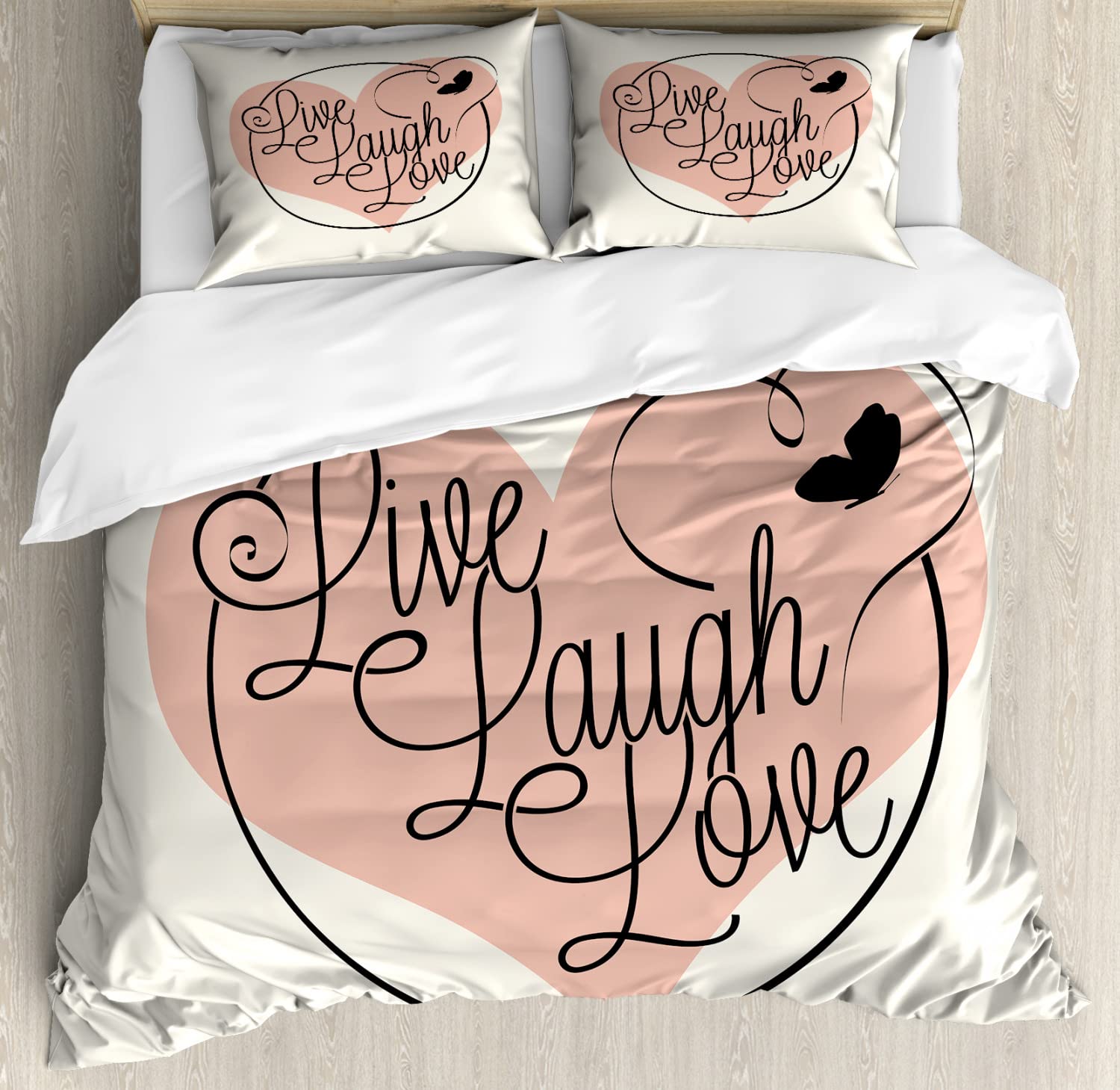 Ambesonne Live Laugh Love Duvet Cover Set - Romantic Valentine's Day Themed Calligraphy Art with Hearts & Butterflies, King Size 2-Pack (Pale Pink/Black/White) - Includes 2 Duvet Covers & 4 Pillowcases for Bedroom Decor, Couples Gift & Special Occasions