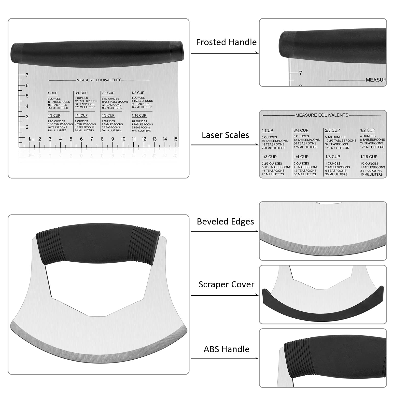 HaSteeL 2-Piece Heavy Duty Bench Scraper & Dough Cutter Set - Stainless Steel Mezzaluna Knife with Protective Cover - Ideal for Chopping Pastry, Vegetables, Herbs, Pizza & Salad Prep - Dishwasher Safe Kitchen Tool for Baking & Cooking
