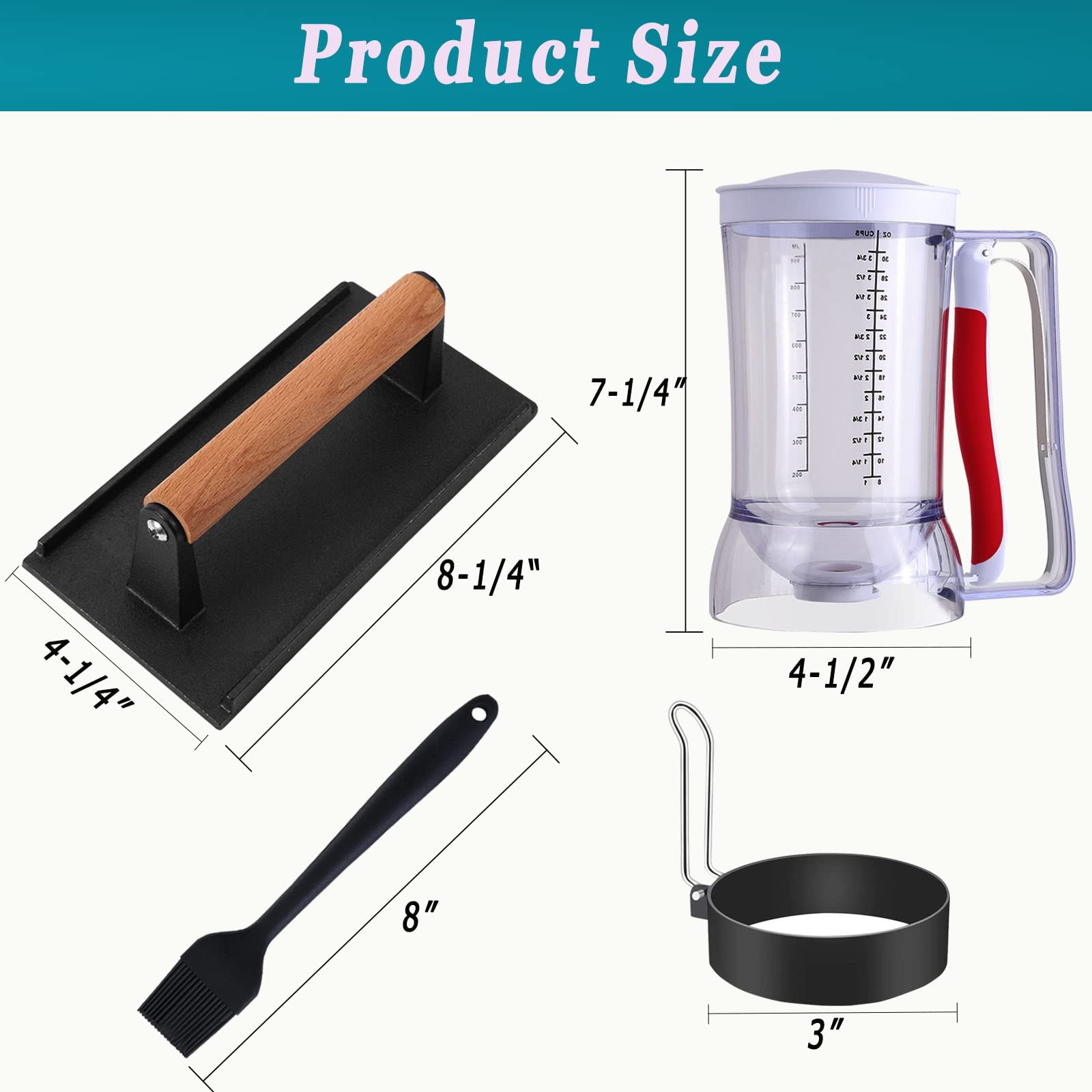 7-Piece Blackstone Griddle Breakfast Kit with Pancake Batter Dispenser, Bacon Press, Egg Rings & Basting Brush - Perfect for Outdoor Cooking, Camping & Backyard BBQs