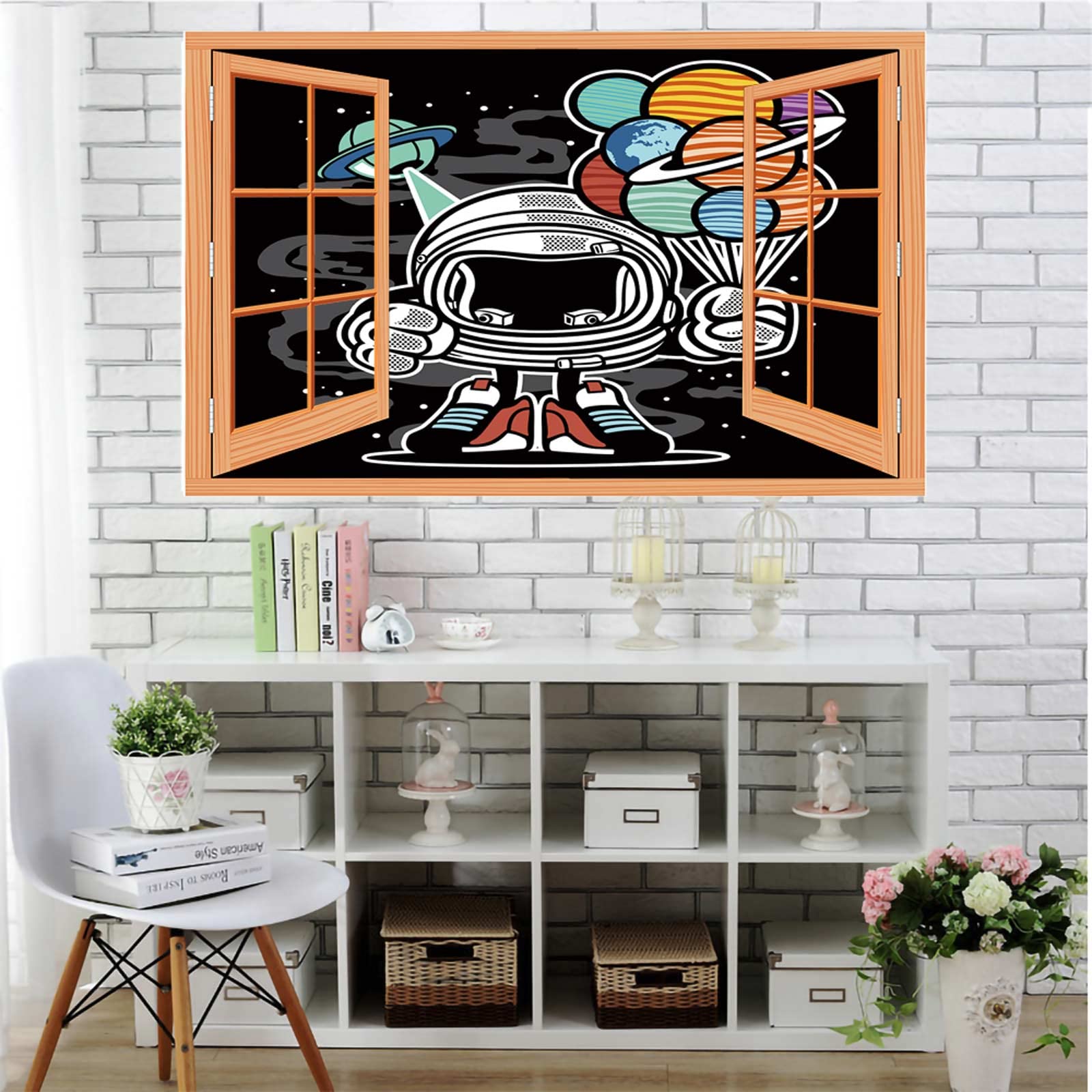 Robot in Space Cartoon Wall Mural - Removable Wall Sticker with Planets, UFO & Balloons - 24