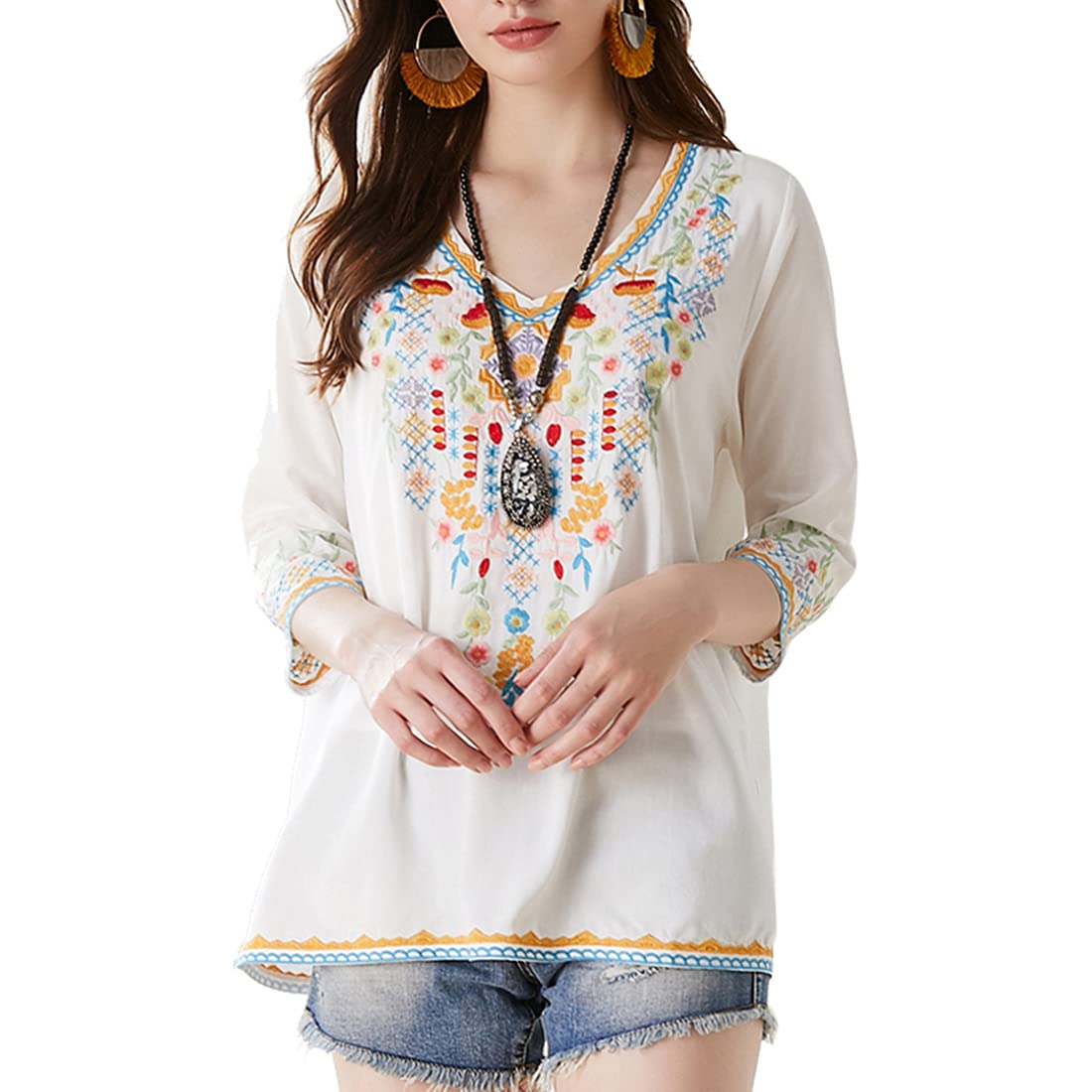 AK Women's Embroidered 3/4 Sleeve V-Neck Peasant Tunic Blouse - Traditional Mexican Style Summer Top for Casual Wear, Festivals & Boho Outfits
