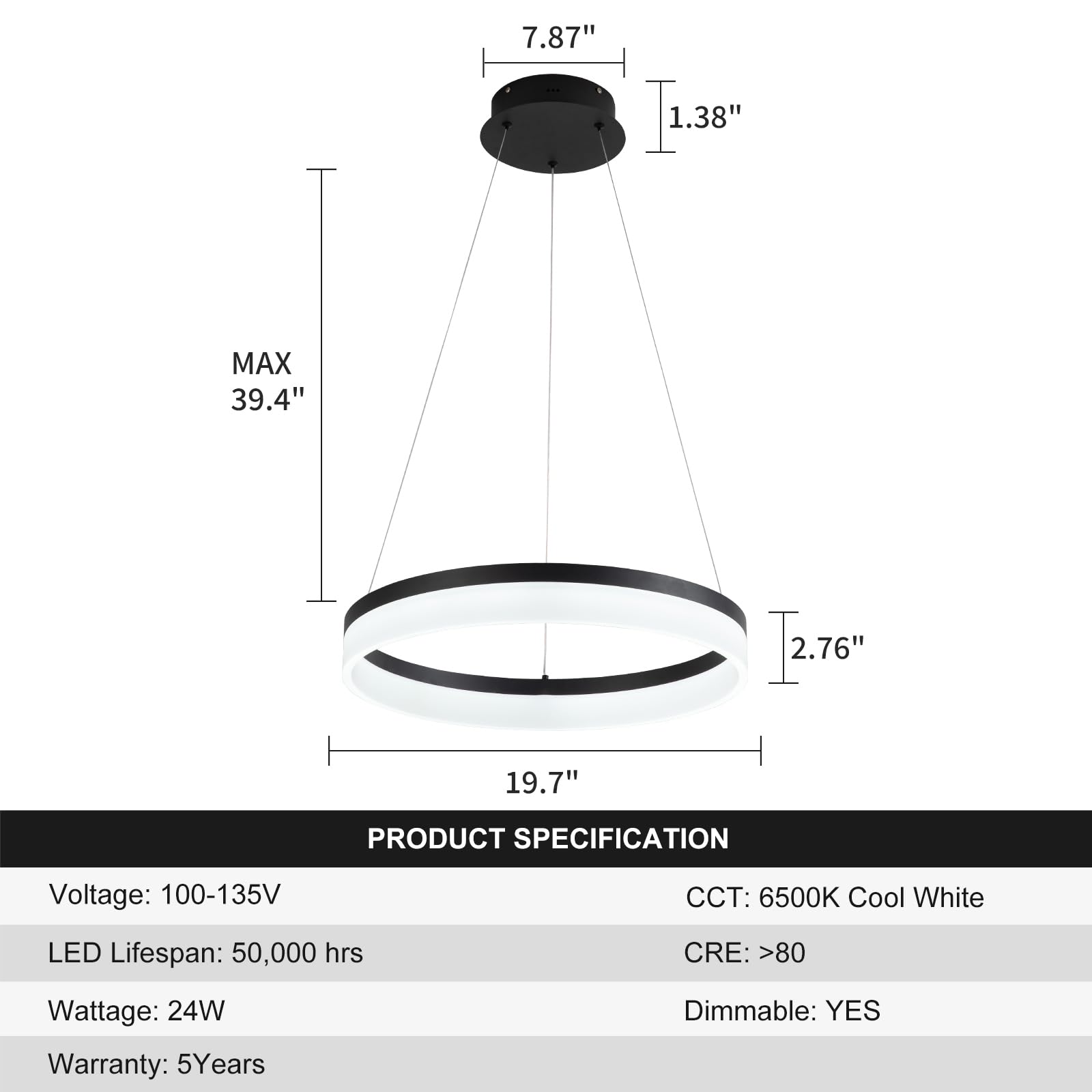 Buccleuch Black LED Chandelier - 19.7 Inch Dimmable Modern Pendant Light for Dining Room & Kitchen Island, Adjustable Height Acrylic Ceiling Fixture | Perfect for Table Lighting, Home Decor & Contemporary Interior Design