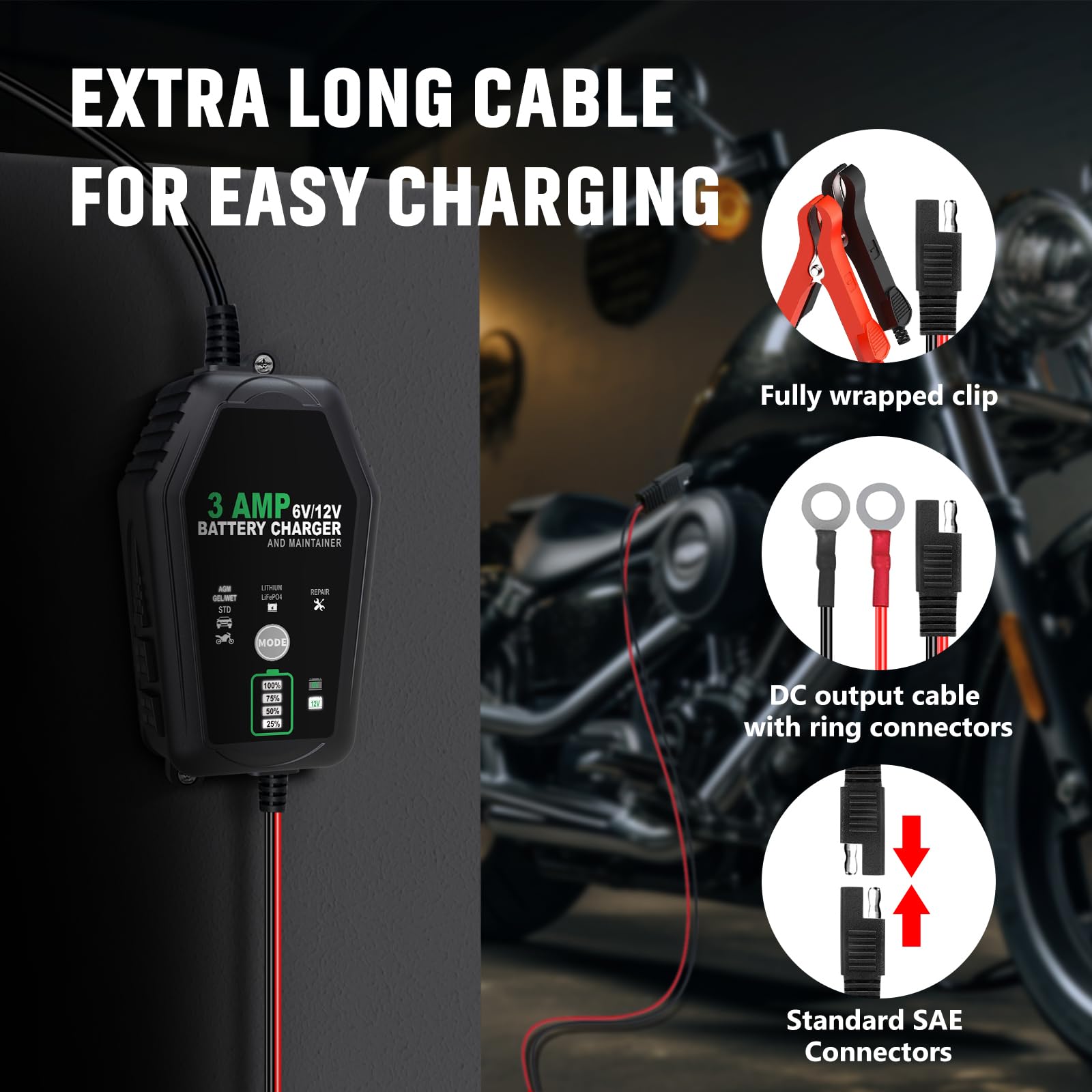 2 Pack Smart Car Battery Charger - 6V/12V 3A Automatic Battery Maintainer & Trickle Charger for Automotive, Motorcycle, Boat - Works with Lead-Acid, Lithium & LiFePO4 Batteries - Perfect for Winter Storage & Long-Term Vehicle Maintenance