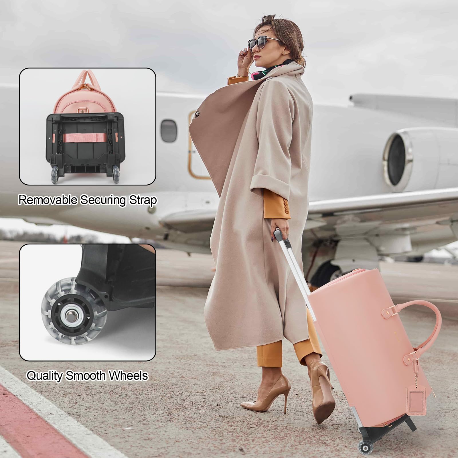 Modoker Rolling Garment Bags with Wheels - PU Leather Convertible Travel Garment Duffel Bag for Women, Trolley Suitcase Luggage with Smooth Wheels (Pink) - Perfect for Business Trips, Vacation & Airplane Travel
