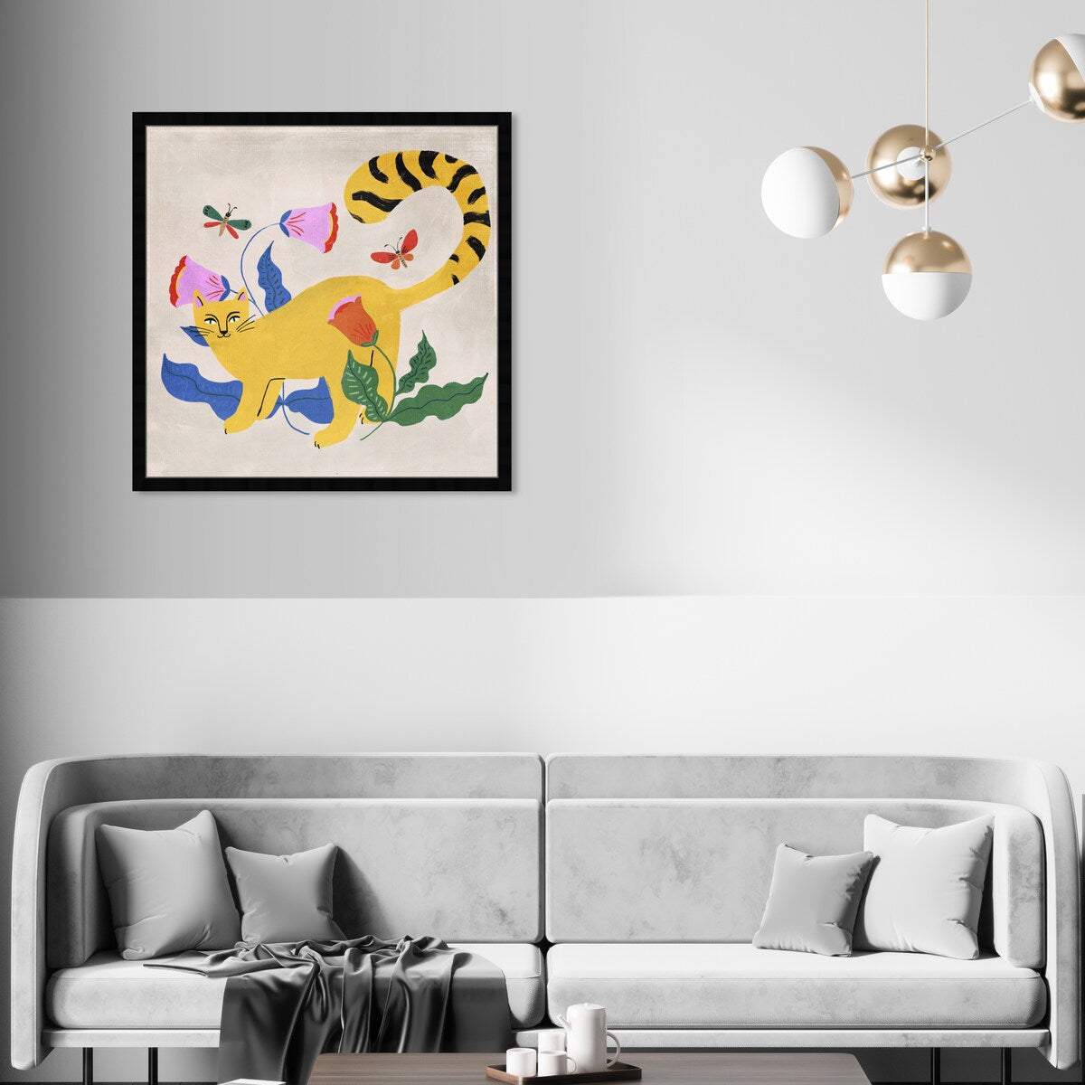 Blonde Tabby Floral Kitten Butterfly Garden Modern Yellow Framed Wall Art Print - Perfect for Bedroom, Nursery & Home Decor