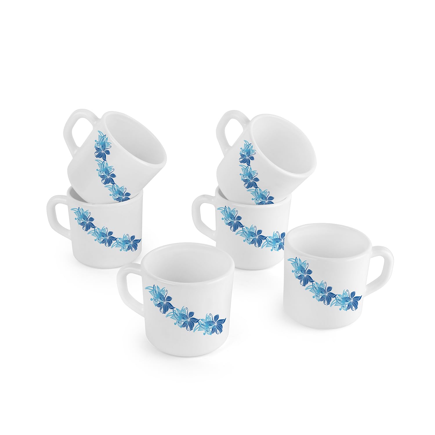 Premium CELLO Opalware Dazzle Stella Tea Cup Set - 6 Small Blue Swirl Coffee Mugs (100ml) | Heat Resistant & Lightweight Porcelain | Perfect for Tea, Coffee, Espresso | Ideal for Home, Office & Restaurant Use