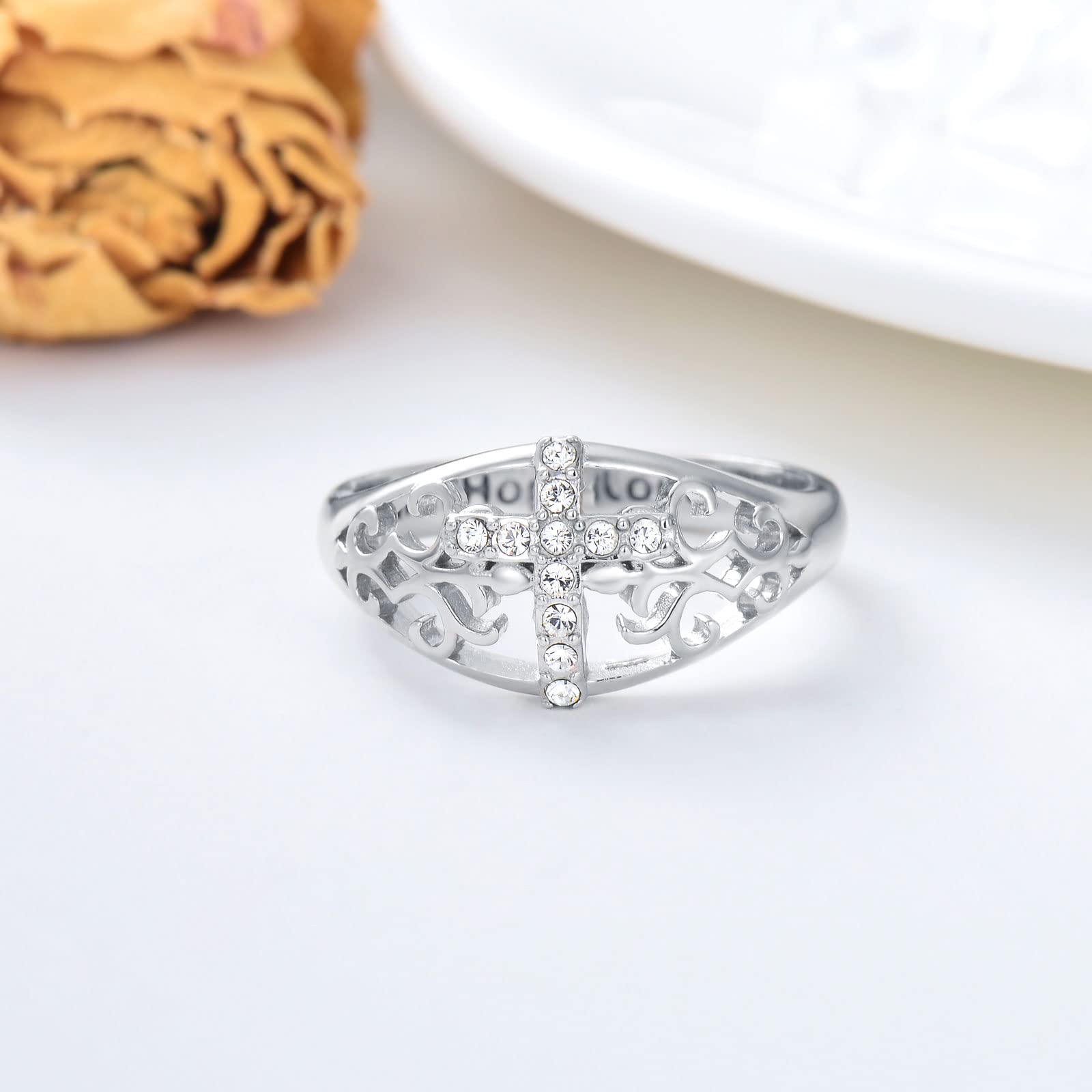Sterling Silver Cross Ring for Women - Dainty Promise Band Ring Gift for Teen Girls & Women - Perfect for Valentine's Day, Anniversary, Birthday & Religious Occasions
