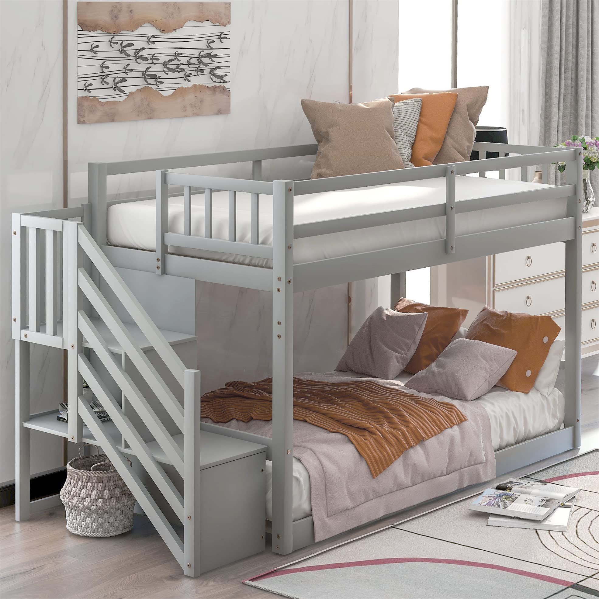 Harper & Bright Designs Twin Over Twin Kids Bunk Bed with Stairs & Storage - Low Profile Bunk Bed for Toddlers, Teens & Small Spaces - No Box Spring Needed (Grey) | Perfect for Shared Kids' Rooms, Sleepovers & Space-Saving Bedroom Solutions