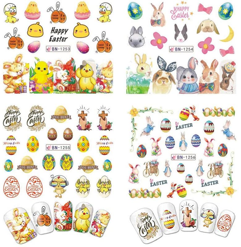FAMEZA 12 Designs Easter Nail Art Stickers - Bunny, Eggs & Cartoon Rabbit Water Transfer Nail Decals for Women | Spring Nail Decorations for Easter Parties, Nail Salon & DIY Manicures
