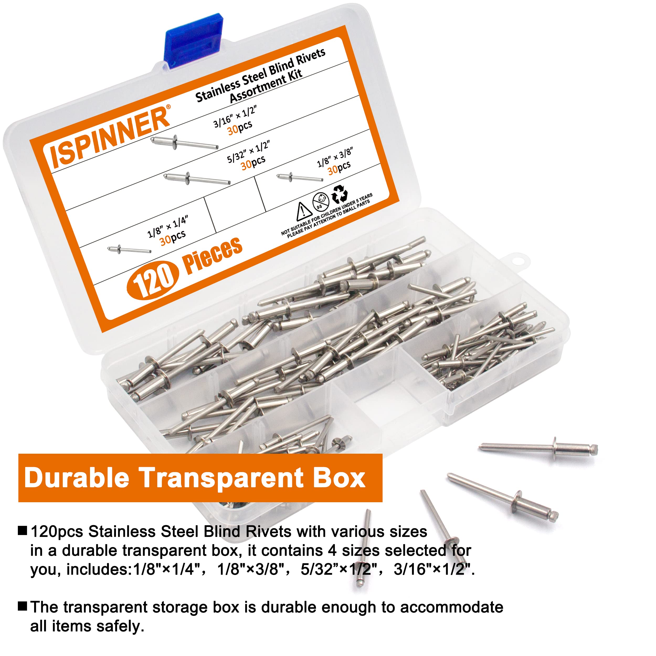 ISPINNER 120pcs 304 Stainless Steel Blind Rivets Assortment Kit - Pop Rivets for Metal, Plastic & Wood - Perfect for DIY, Automotive & Home Repair Projects