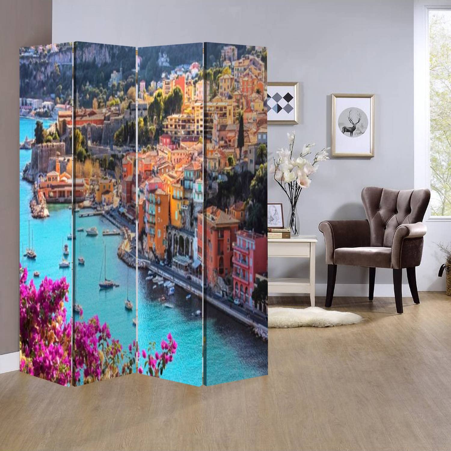 Wooden Folding Room Divider - 4-Panel Privacy Screen with Canvas Design, Inspired by Villefranche-sur-Mer France - Dual-Sided Wall Partition for Home & Office Use | Perfect for Living Room, Bedroom, and Studio Spaces