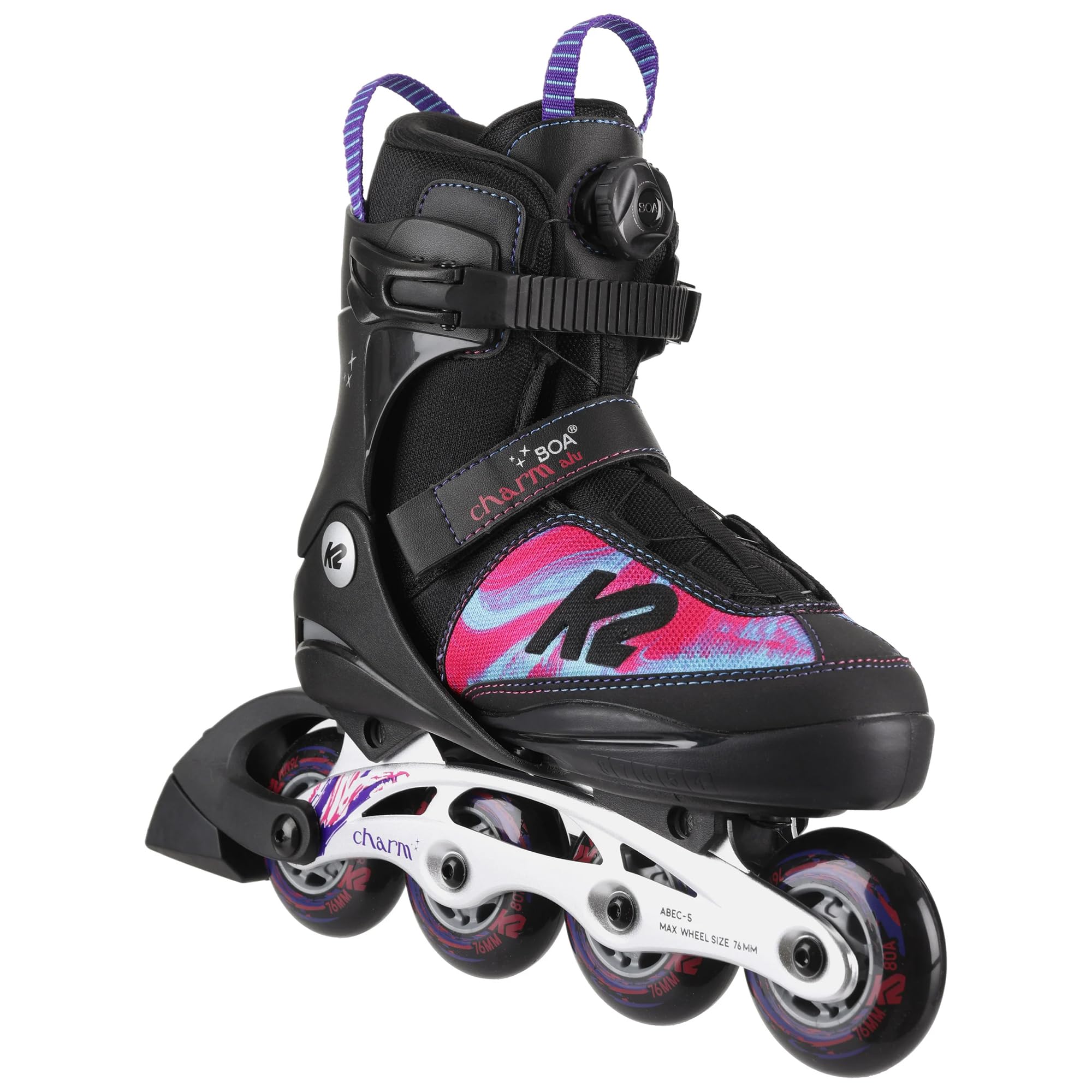 K2 Charm Boa ALU Girls Adjustable Inline Skates - Lightweight Roller Skates for Kids with Boa Closure System - Perfect for Outdoor Skating, Park Rides & Family Fun Activities
