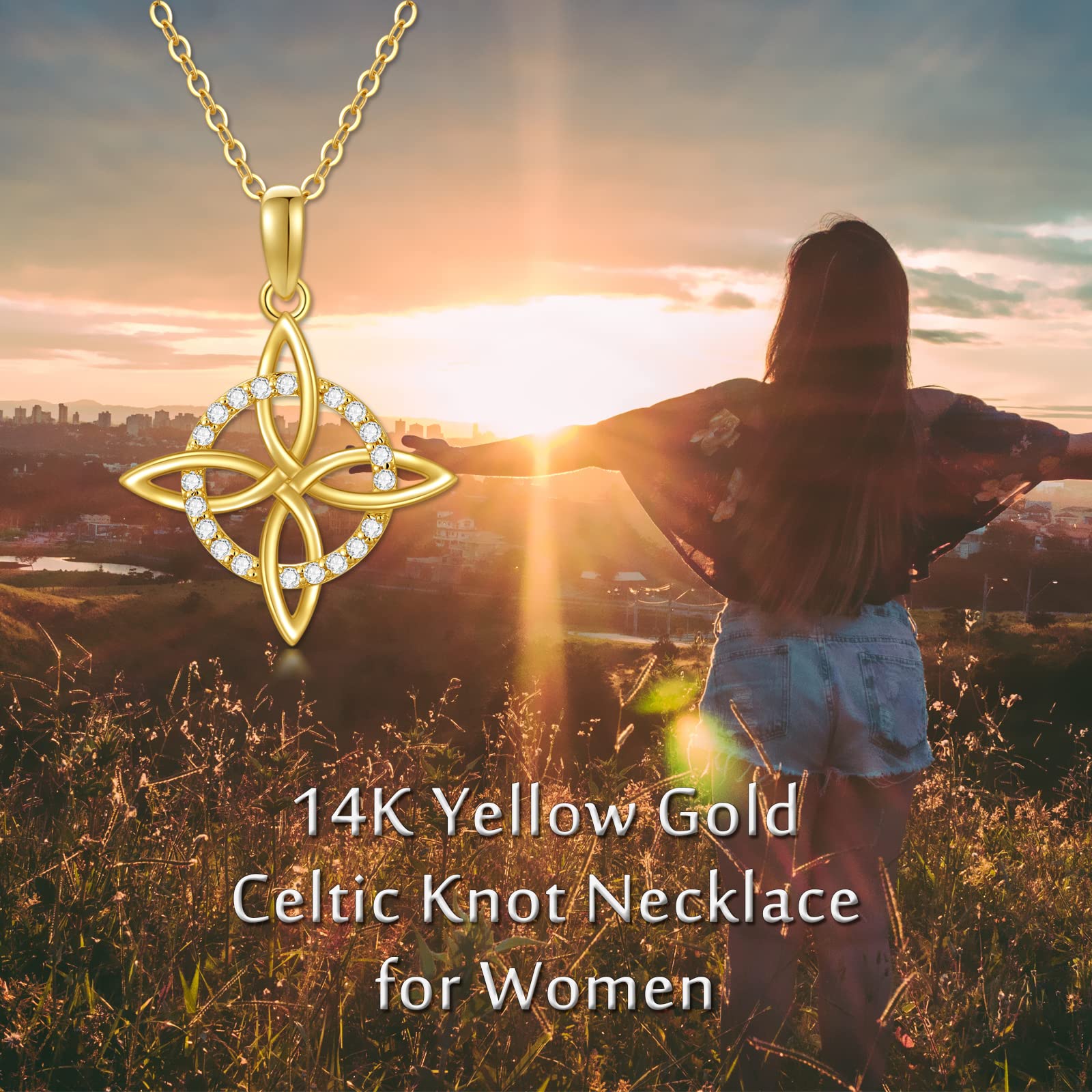 14K Solid Gold Celtic Cross Knot Necklace for Women - Yellow Gold Irish Knot Pendant with Moissanite | Anniversary, Birthday Gift for Mom, Wife | 16-18 Inch Chain | Perfect for Weddings, Church & Special Occasions