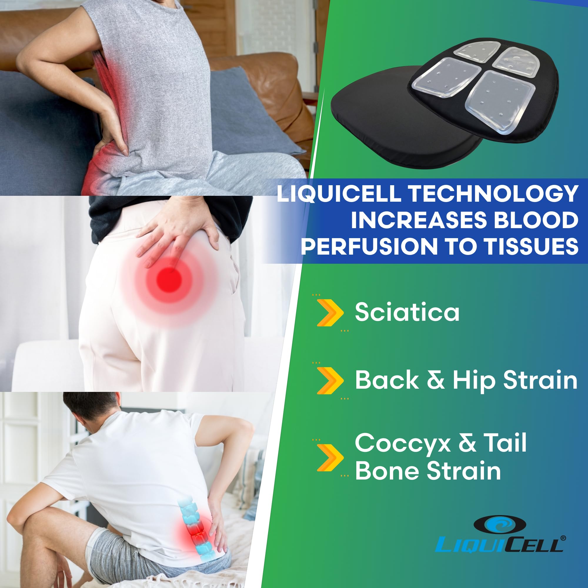 LiquiCell Seat Cushion for Pressure Relief - Orthopedic Gel Memory Foam Pad for Tailbone Pain, Sciatica, Hip & Lower Back Support - Car, Office & Home Chair (18