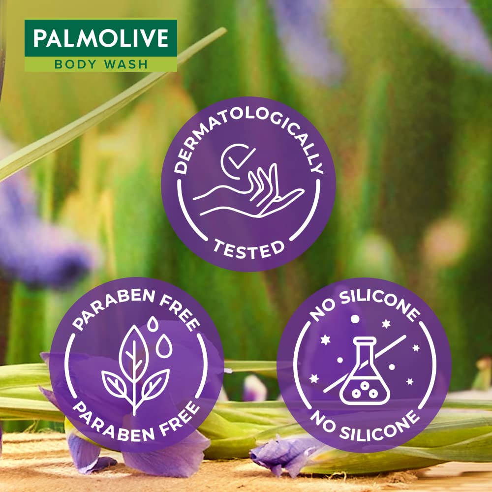 Palmolive Iris Flower & Ylang Ylang Essential Oil Body Wash - Moisturizing, pH Balanced, Paraben & Silicone Free (250ml) for Soft & Youthful Skin | Relaxing Aromatherapy Shower with Free Loofah | Perfect for Spa Nights & Stress Relief
