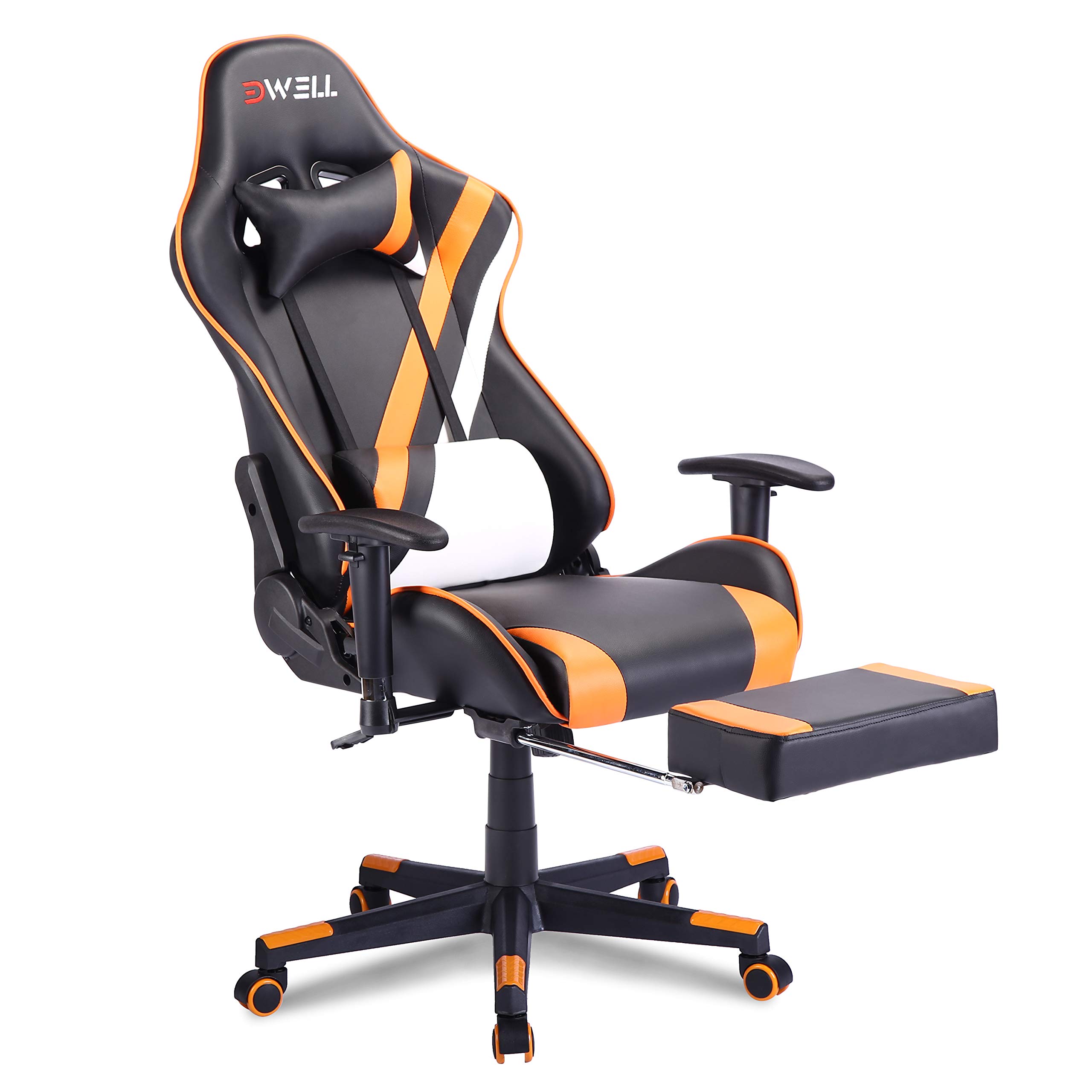 EDWELL Ergonomic Gaming Chair - High Back PU Leather Office Chair with Adjustable Headrest, Lumbar Support & Footrest - Comfortable Computer Desk Chair for Adults (Orange) - Perfect for Gaming, Working & Home Office Use