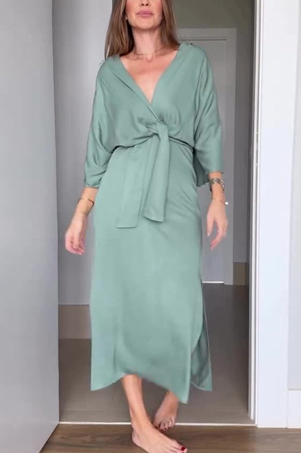 Solid Color V-Neck Half Sleeve Casual Waist-Tied Midi Dress for Women - Perfect for Summer Outings, Beach Vacations & Date Nights