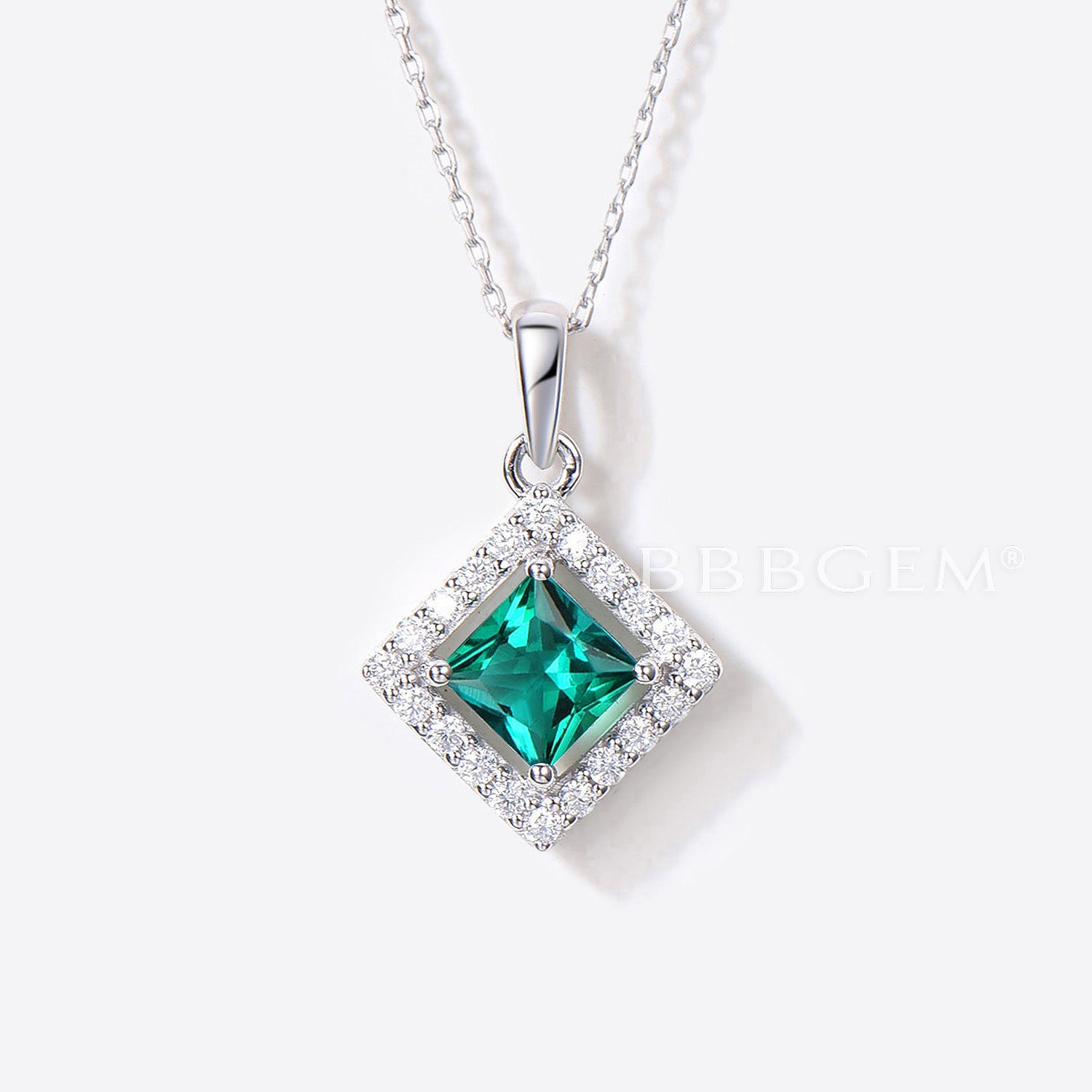 Princess Cut Green Emerald Pendant with Diamond Halo - Elegant Wedding Necklace for Bride, Anniversary Gift, Special Occasion Jewelry