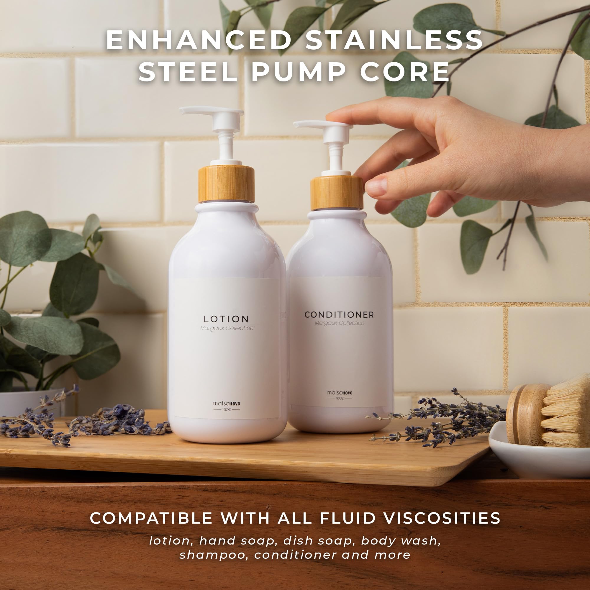 MaisoNovo 3-Piece Soap Dispenser Set - 16.9oz White Bottles with Bamboo Pumps for Kitchen, Bathroom & Vanity - Elegant Liquid Soap Dispenser for Hand Wash, Dish Soap & Lotion