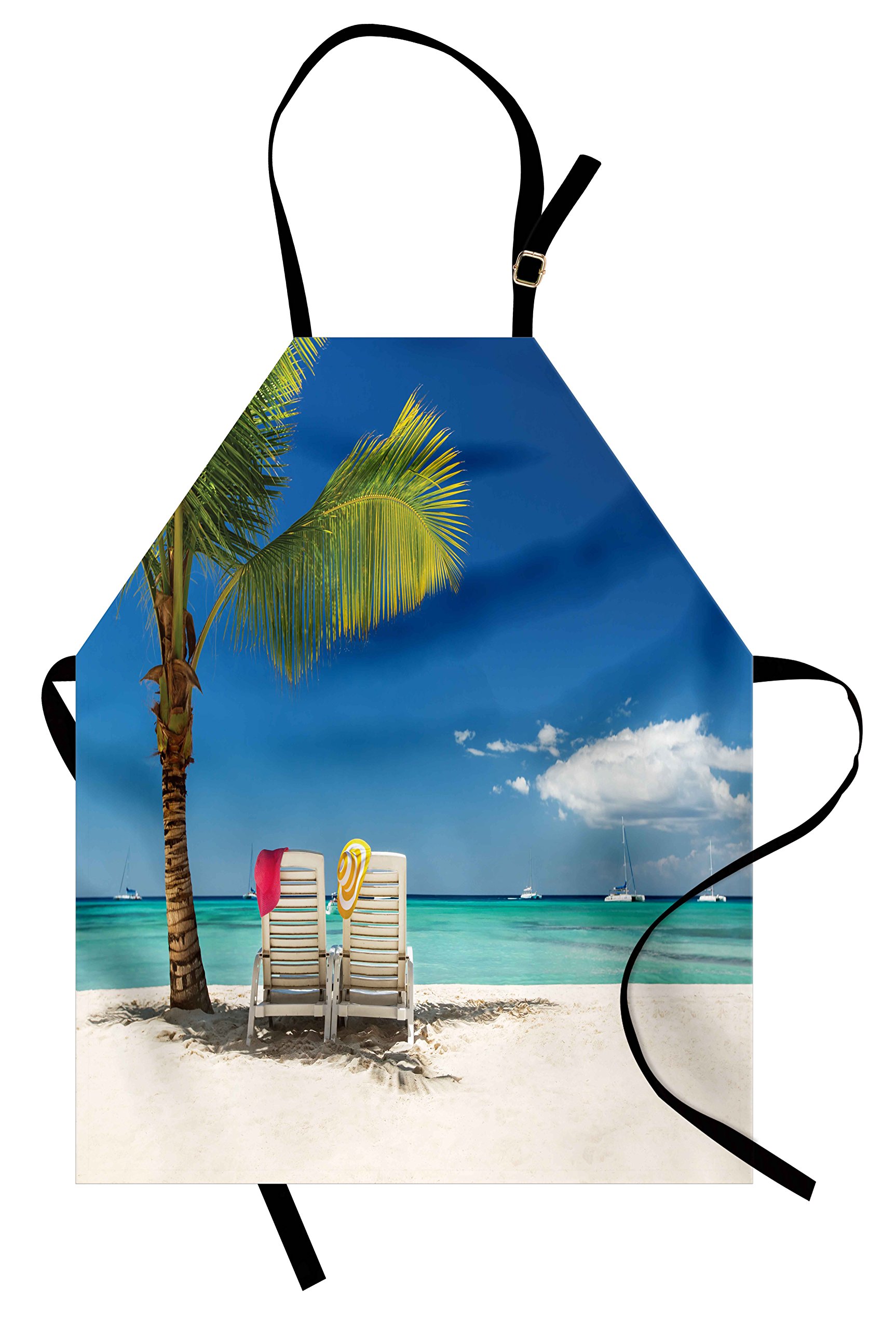 Ambesonne Seaside Apron - Unisex Adjustable Kitchen Bib with Vacation Beach Palm Tree & Boats Panoramic Print, Perfect for Cooking, Baking, Gardening & Outdoor BBQs - Adult Size in Blue Green