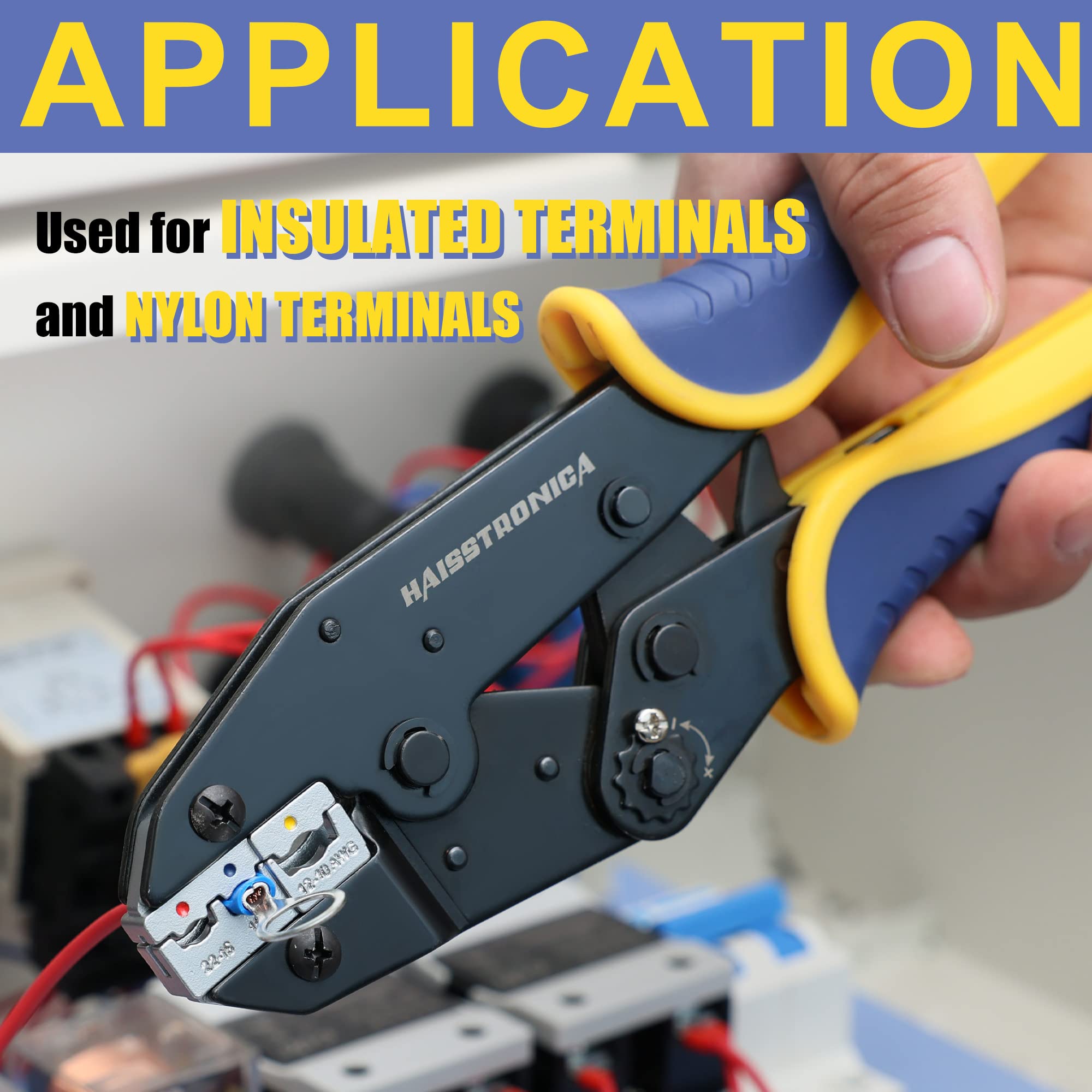 Haisstronica Ratcheting Crimping Tool for Insulated Electrical Wire Connectors (AWG 22-10) - Professional HS-9327 Wire Terminal Crimper for Automotive, Electrical and DIY Projects