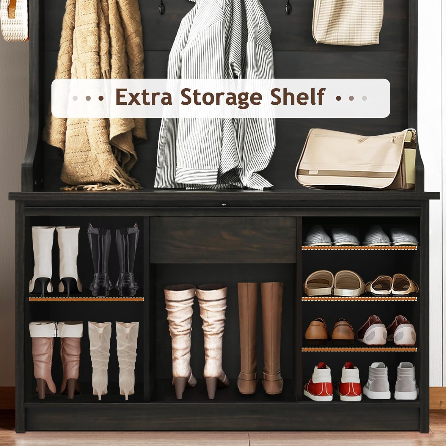 Farmhouse Hall Tree with Storage - Entryway Bench with 2 Sliding Barn Doors, Coat Rack & Shoe Organizer - Rustic Tall Hallway Furniture for Living Room, Foyer & Mudroom - Perfect for Home Entry Organization & Winter Gear Storage