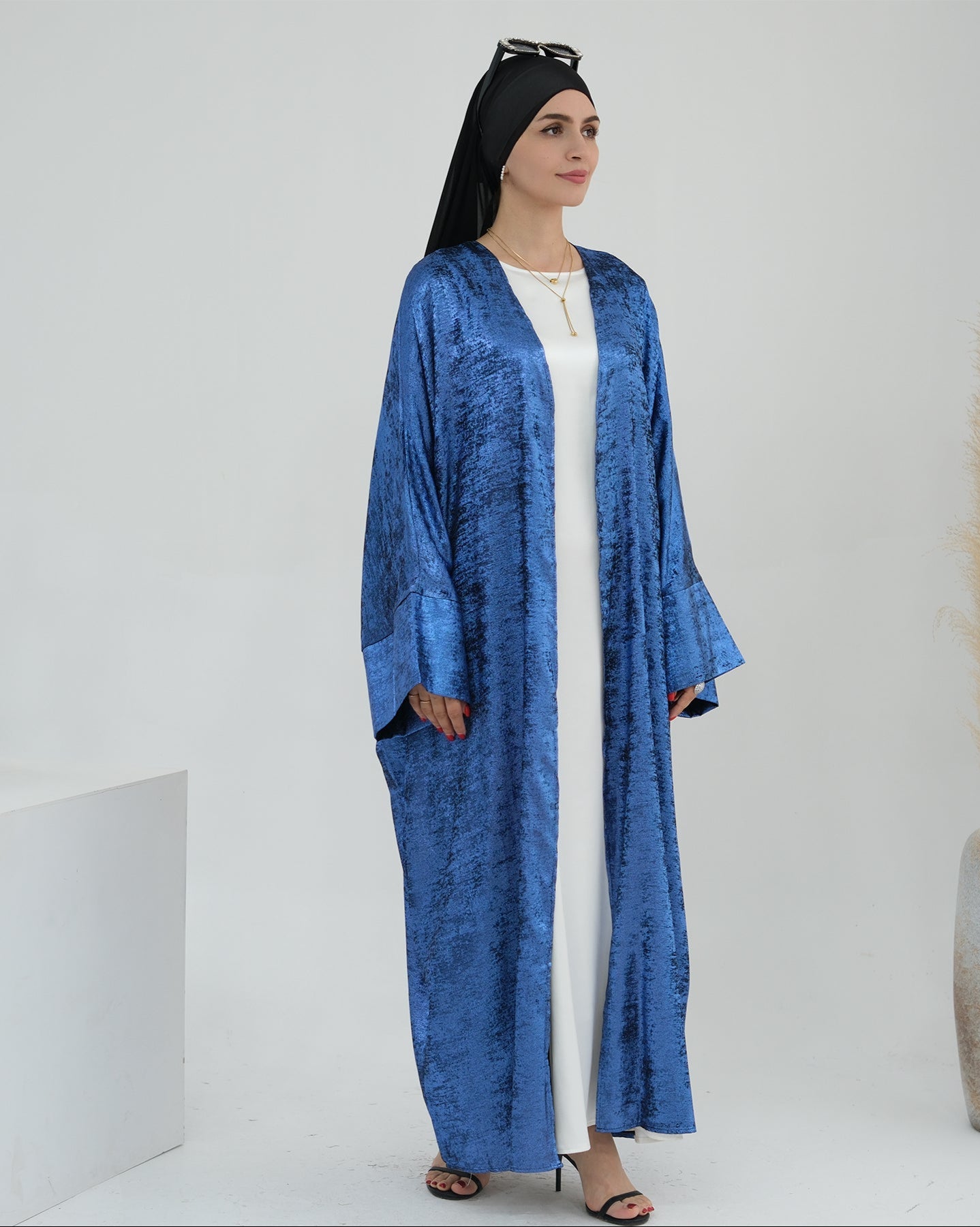 Draya Shimmer Kimono Open Abaya - Elegant Blue Muslim Abaya Dress for Women | Perfect for Prayer, Eid, Wedding & Special Occasions