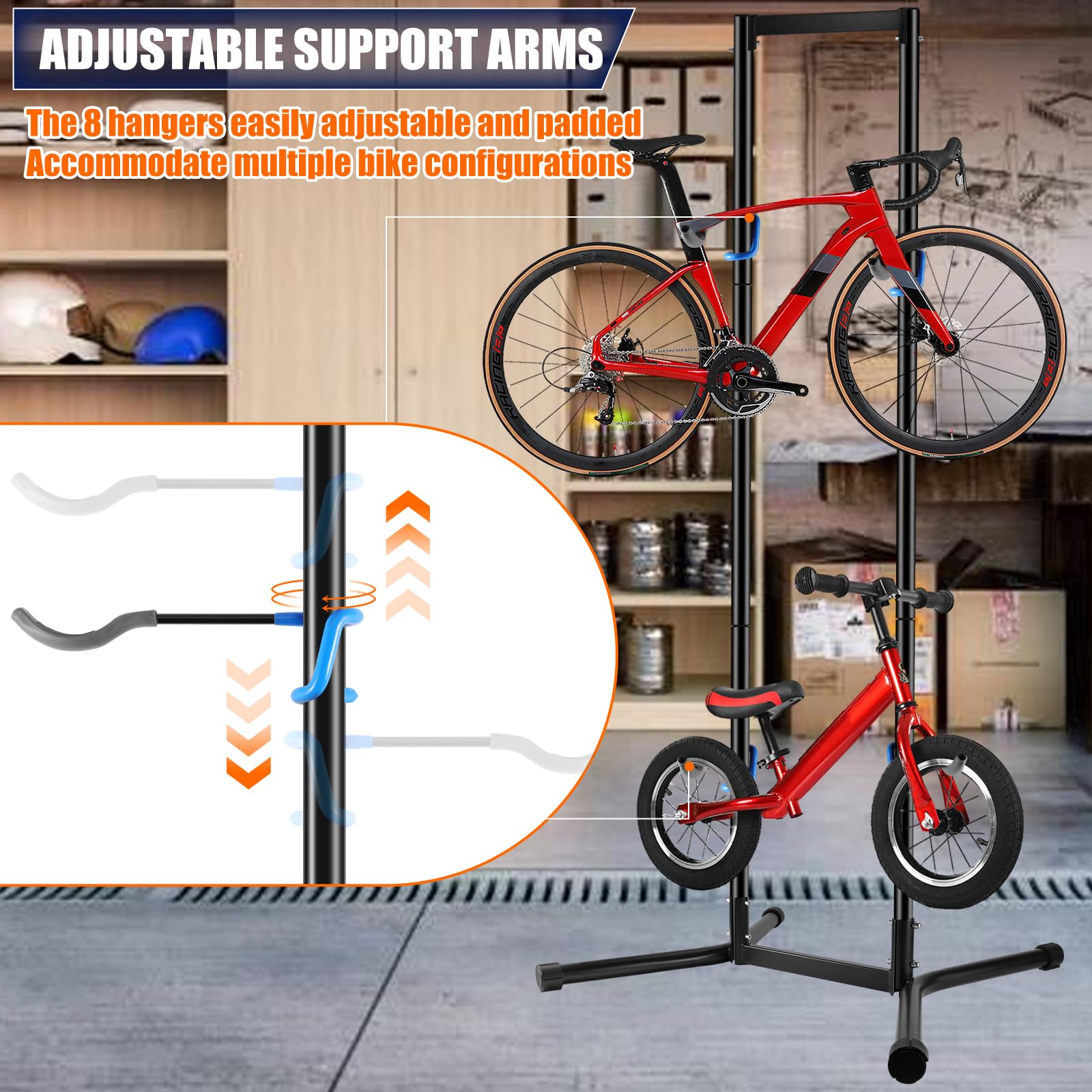 Hutigertech Freestanding Gravity Bike Storage Rack - Heavy Duty 240lbs Capacity, Adjustable Arms Holds 4 Bikes - Space Saving Vertical Stand for MTB, Road Bikes - Perfect for Garage, Basement & Indoor Bike Organization