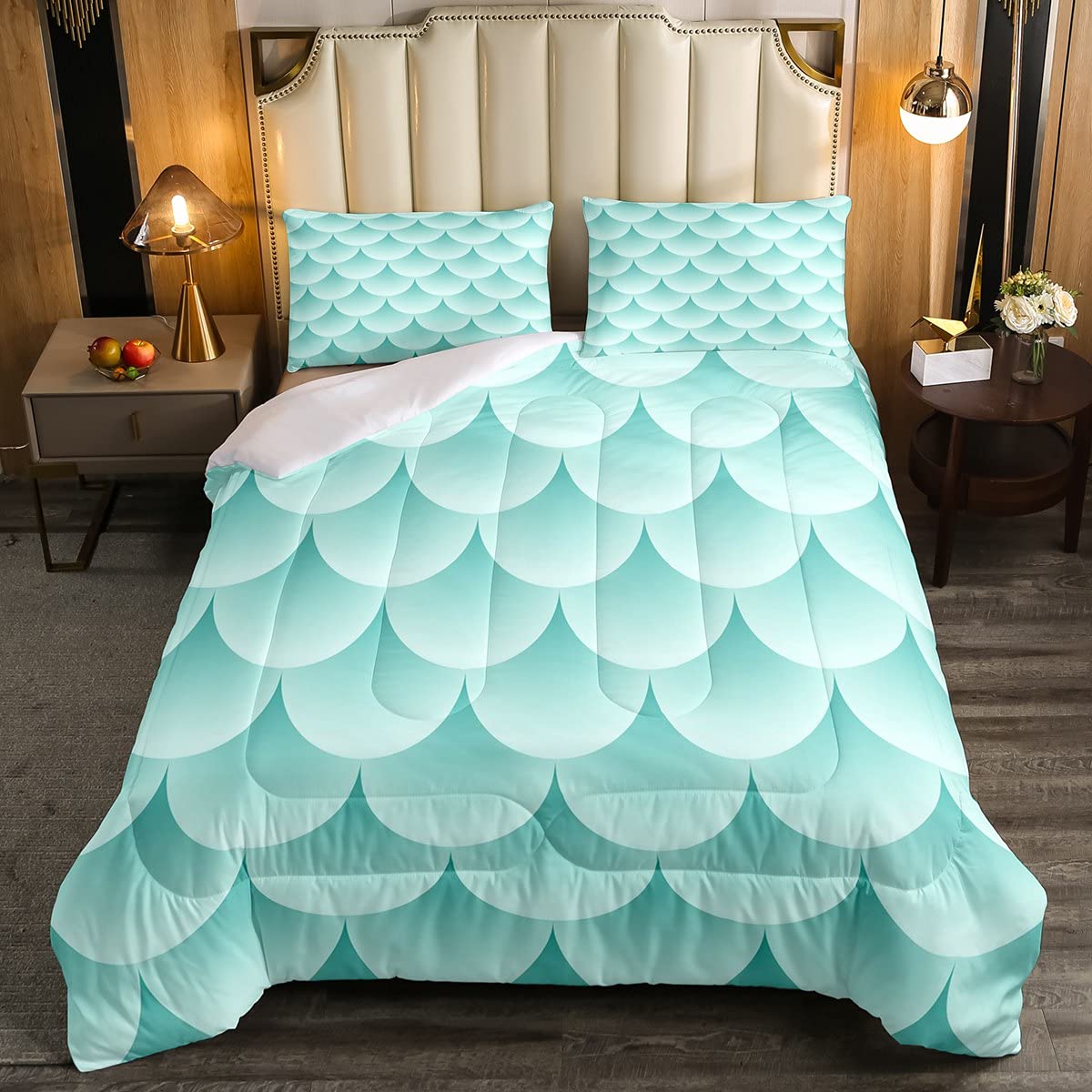 Mermaid Fish Scales Print Comforter Set - Twin Size Green Duvet Cover & Pillowcase 2pc, Soft Microfiber Polyester Bedding for Kids, Teens, Boys & Girls - Perfect for Dorm Room, Bedroom Decor & Themed Sleepovers