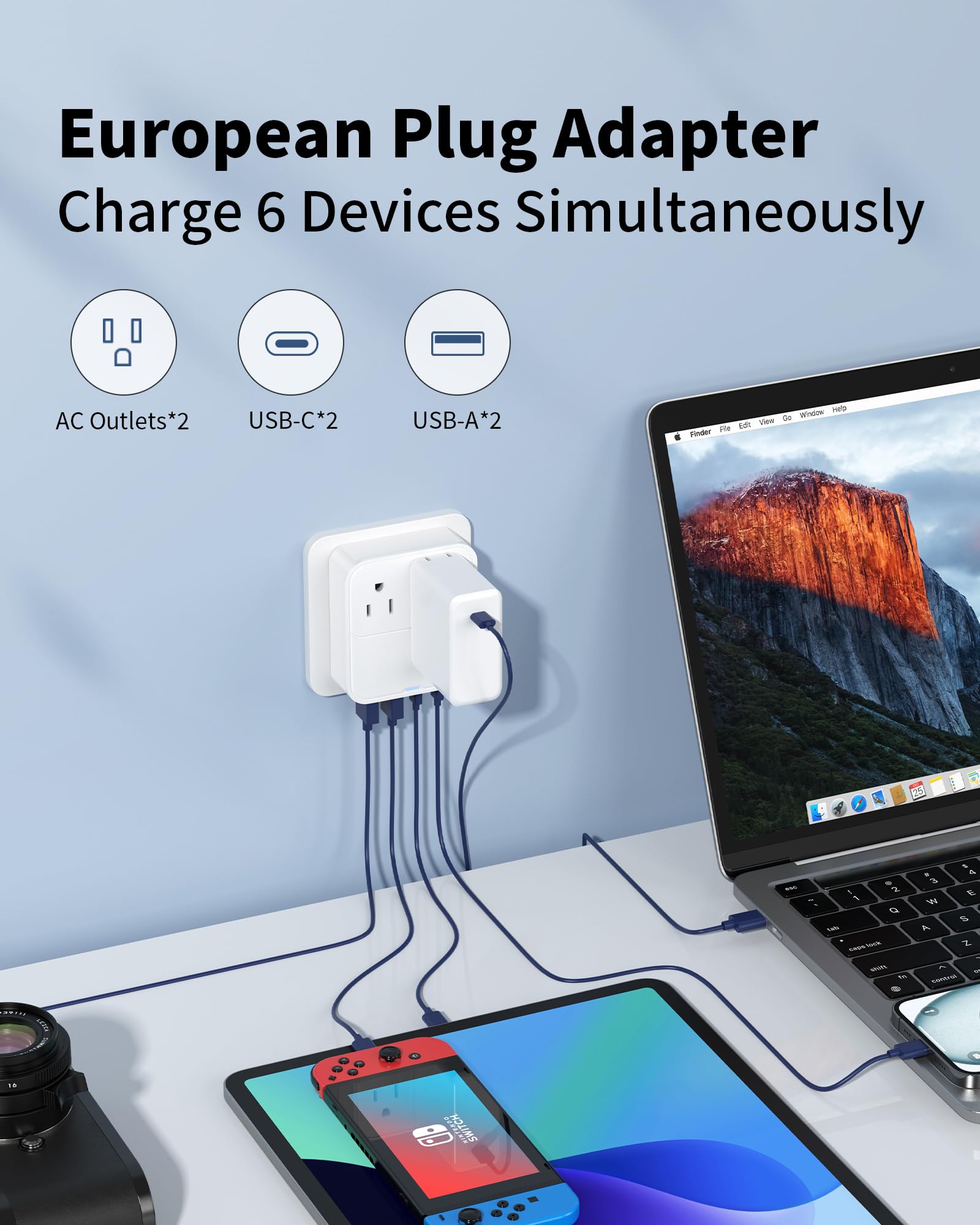 Universal Travel Plug Adapter 220V to 110V - 2500W Power Converter with 20W USB-C Fast Charging - EU/US/UK/AU Plug for Italy, Spain, France, Germany - Perfect for Laptops, Phones & Travel Electronics