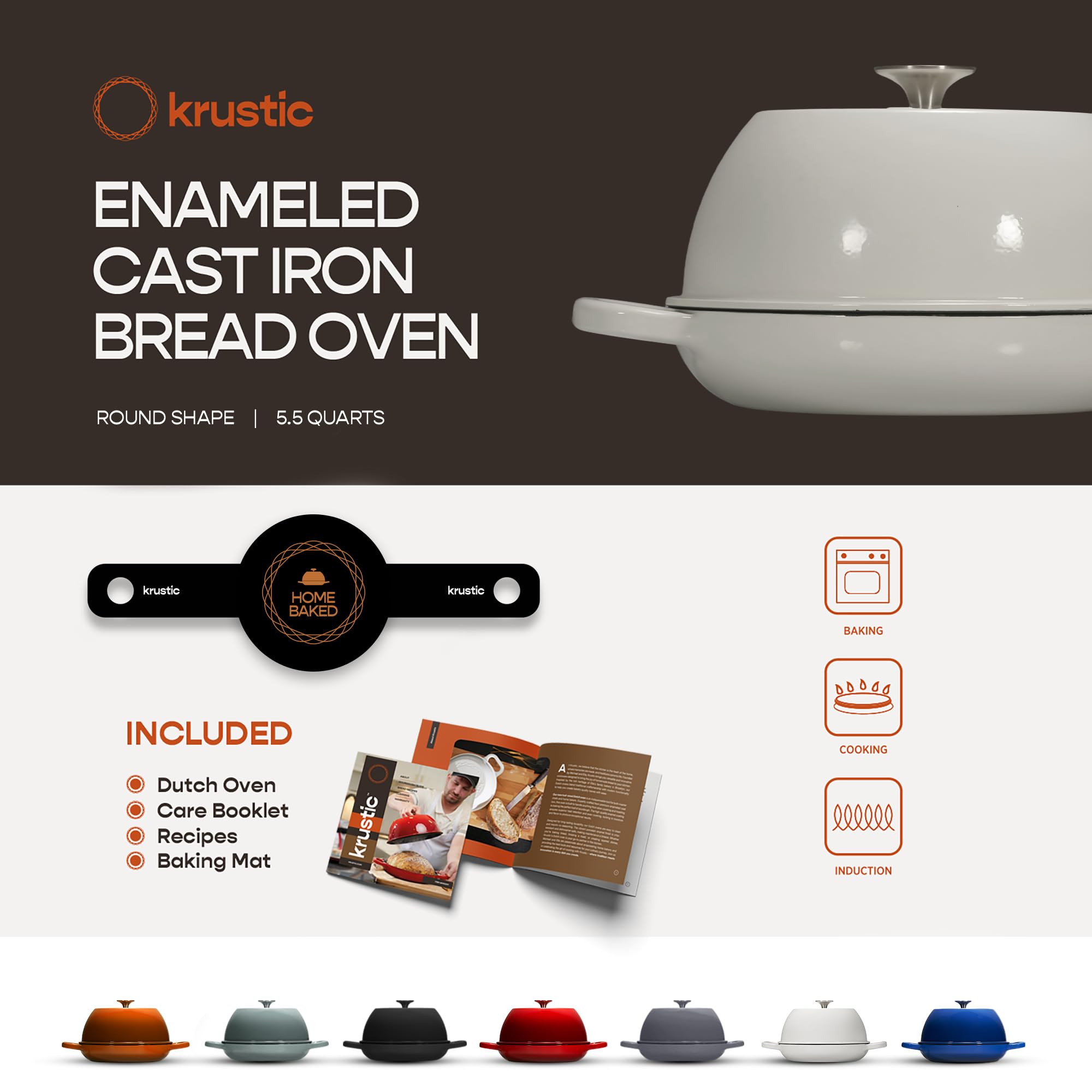 Enameled Cast Iron Dutch Oven 6 Quart - 10 Inch Ceramic Coated Cookware with Lid & Non-Stick Silicone Baking Mat - Perfect for Sourdough Bread Baking, Roasting, Stewing & Camping - White 6 Qt