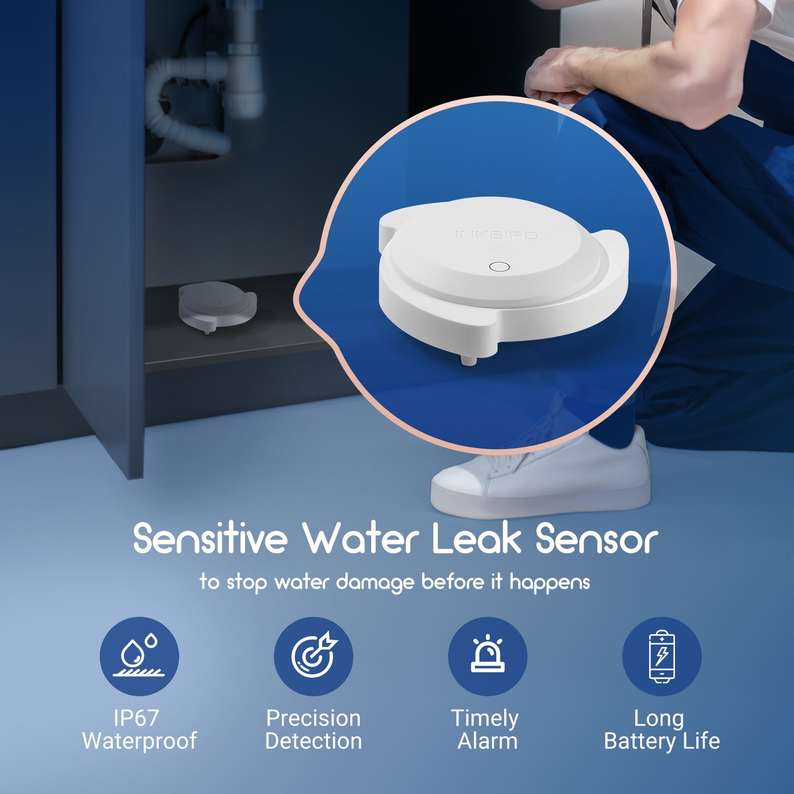 Smart Water Leak Detector IRS WD1 - Wireless Alarm System for Home & Office - Early Warning for Pipe Bursts, Floods & Appliance Leaks (Bathroom, Kitchen, Basement)