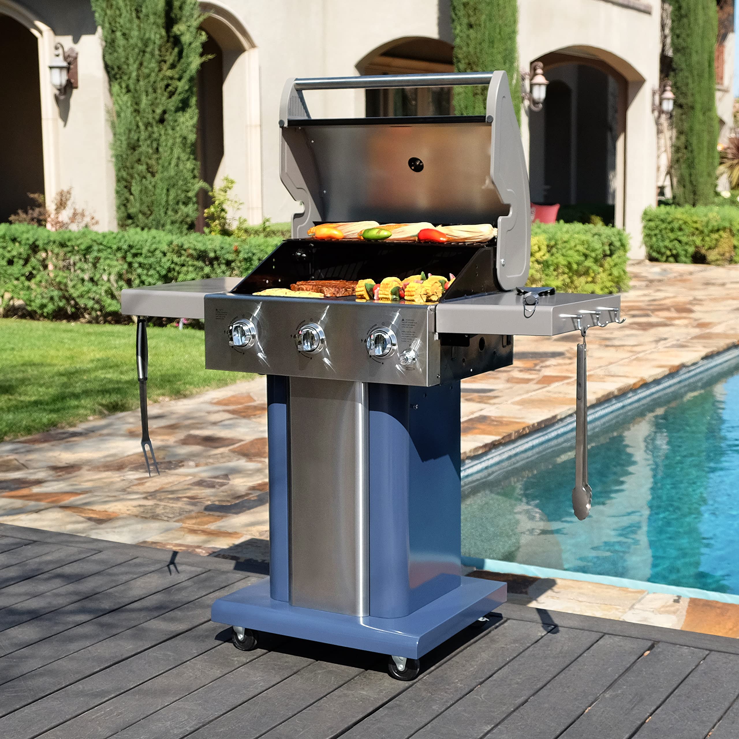 Premium Permasteel 3-Burner Propane Gas Grill - 30,000 BTU Outdoor BBQ Grill with Cast Iron Grates, Foldable Side Tables & Tool Hooks - Perfect for Backyard, Patio, and Camping - Azure Blue