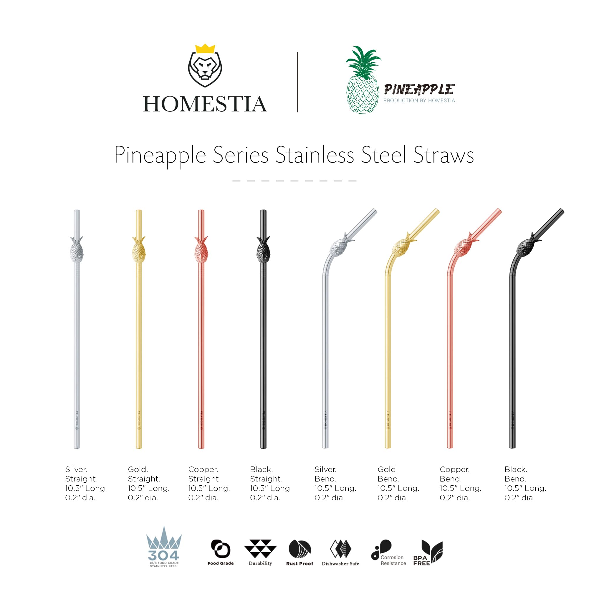 Homestia Reusable Stainless Steel Drinking Straws - 10.5