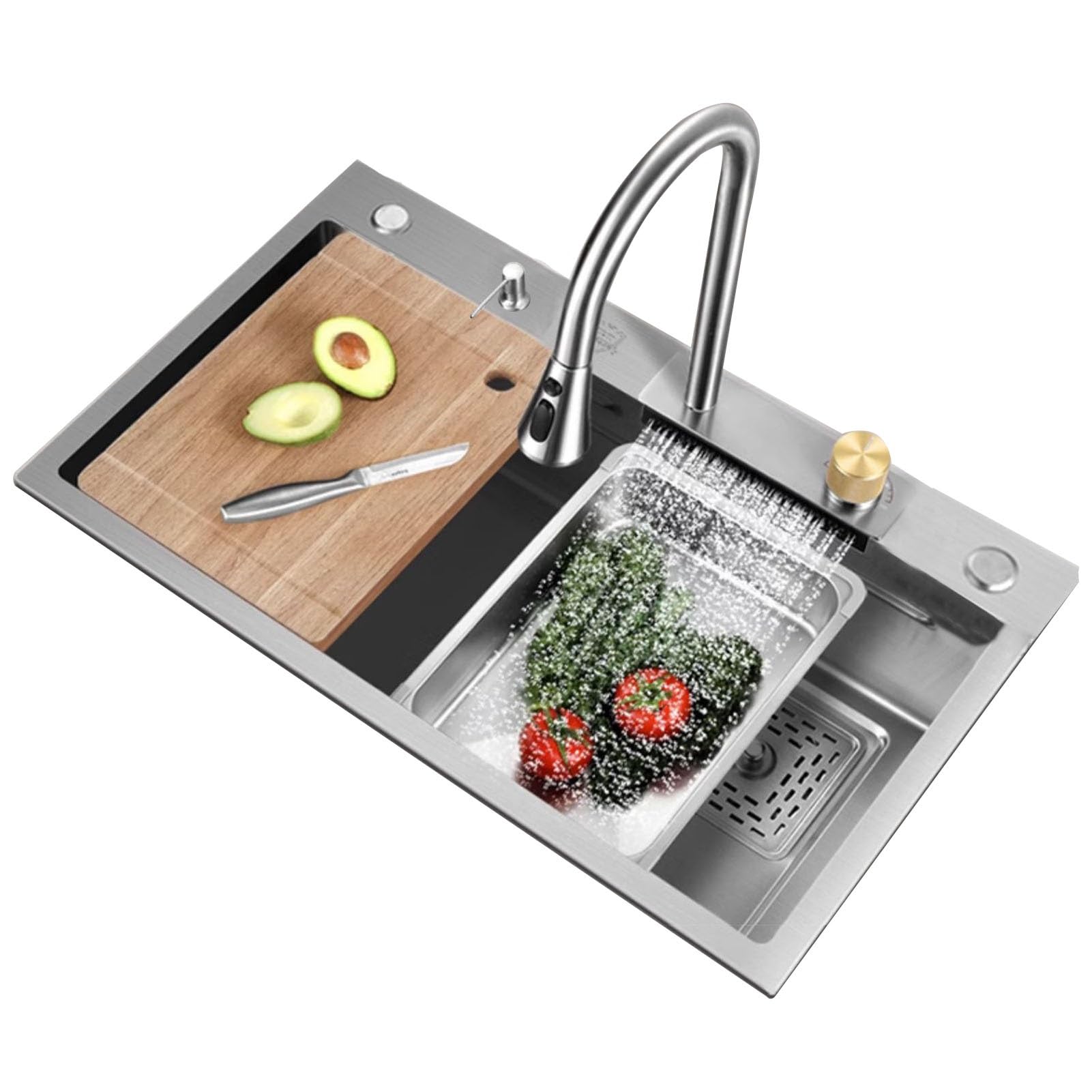 Stainless Steel Waterfall Kitchen Sink with Pull Down Spray Faucet - Single Bowl Workstation with Multiple Accessories for Modern Cooking & Dishwashing