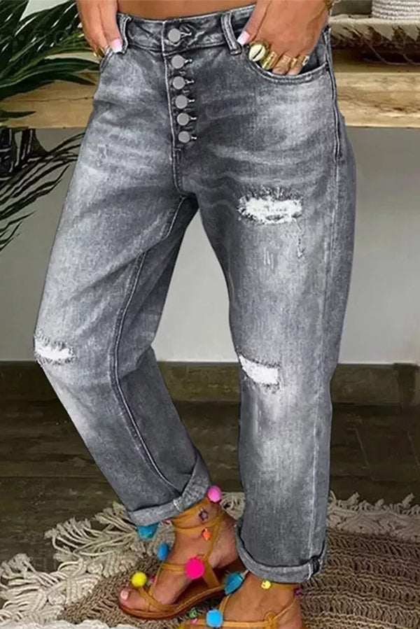 Trendy Ripped Low-Rise Button Pocket Baggy Straight Leg Jeans for Women - Casual Streetwear, Vintage Denim Pants for Everyday Wear & Outfit Styling