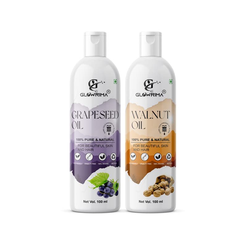 Glowrima 100% Pure Grapeseed Oil & Walnut Oil Combo (100ML Each) - Natural Hair Growth Treatment for Anti Hair Fall, Split Ends Repair, Soft & Shiny Hair - Pack of 2 Bottles | Perfect for Daily Hair Care, Scalp Massage & DIY Hair Masks